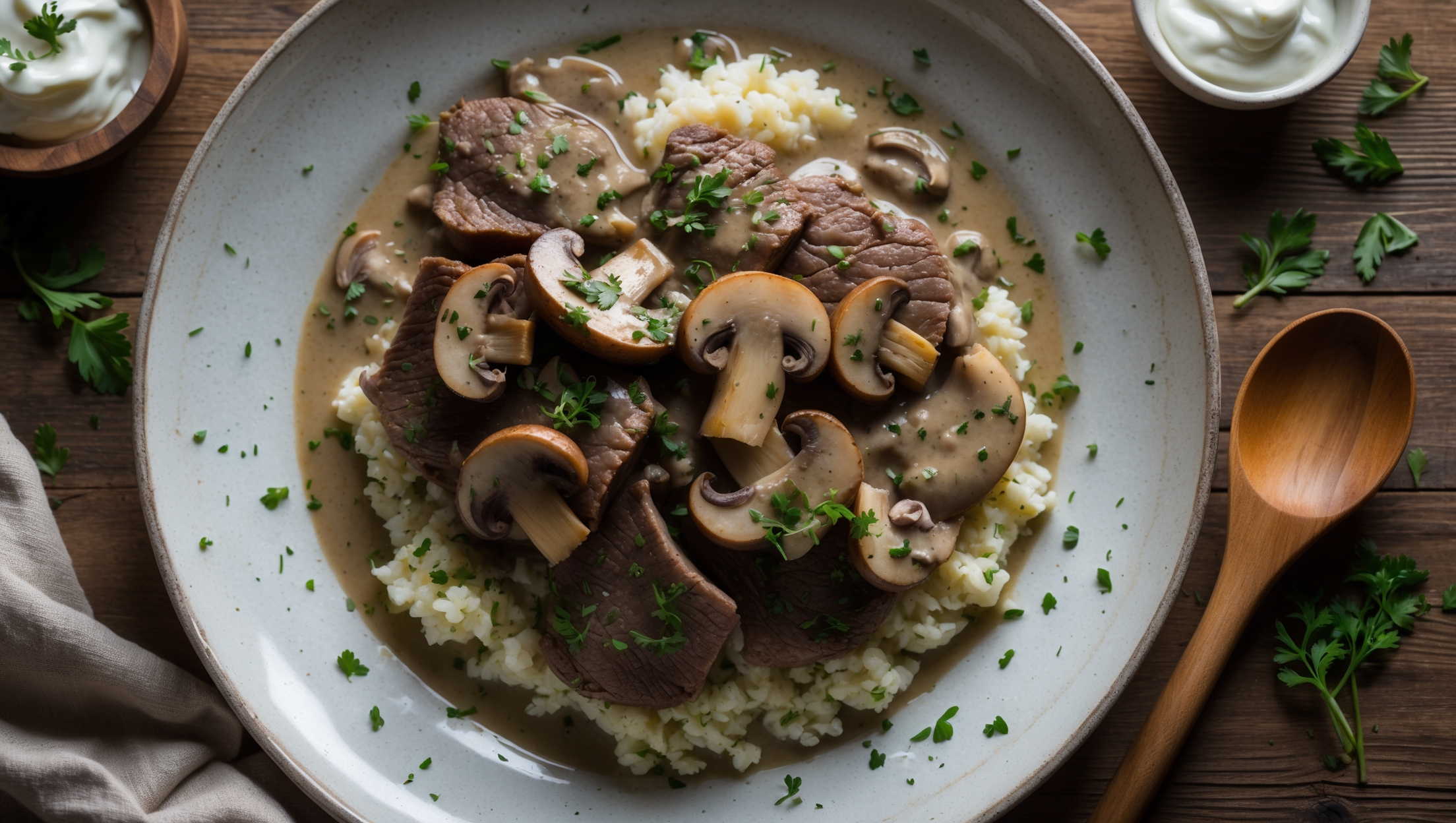 An overhead shot of a steaming plate of Keto Beef Stroganoff, featuring tender slices of seared beef nestled in a velvety mushroom sauce. The creamy sauce, flecked with fresh herbs, glistens under soft natural light, pooling elegantly around a bed of cauliflower rice. A wooden serving spoon rests beside the dish on a rustic wooden table, while scattered fresh herbs and a small bowl of sour cream sit nearby. The warm, earthy tones of the mushrooms and beef contrast beautifully with the bright white of the sauce and the vibrant green herbs, creating a cozy, inviting presentation that highlights the dish's rich texture and comforting appeal.