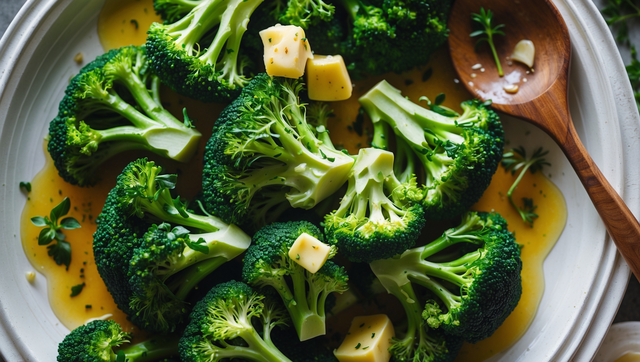 An overhead shot of vibrant green broccoli florets glistening with melted garlic butter on a white ceramic serving platter. A close-up reveals the tender-crisp texture of the broccoli with visible specks of minced garlic and fresh herbs clinging to each floret. Golden pools of butter collect at the edges, catching the soft natural light from a nearby window. A wooden serving spoon rests alongside, while scattered fresh herbs and thinly sliced garlic provide context for the ingredients. Steam rises gently from the dish, suggesting it's fresh from the oven, with the contrast between the deep green broccoli and amber-colored butter creating a mouthwatering visual appeal.