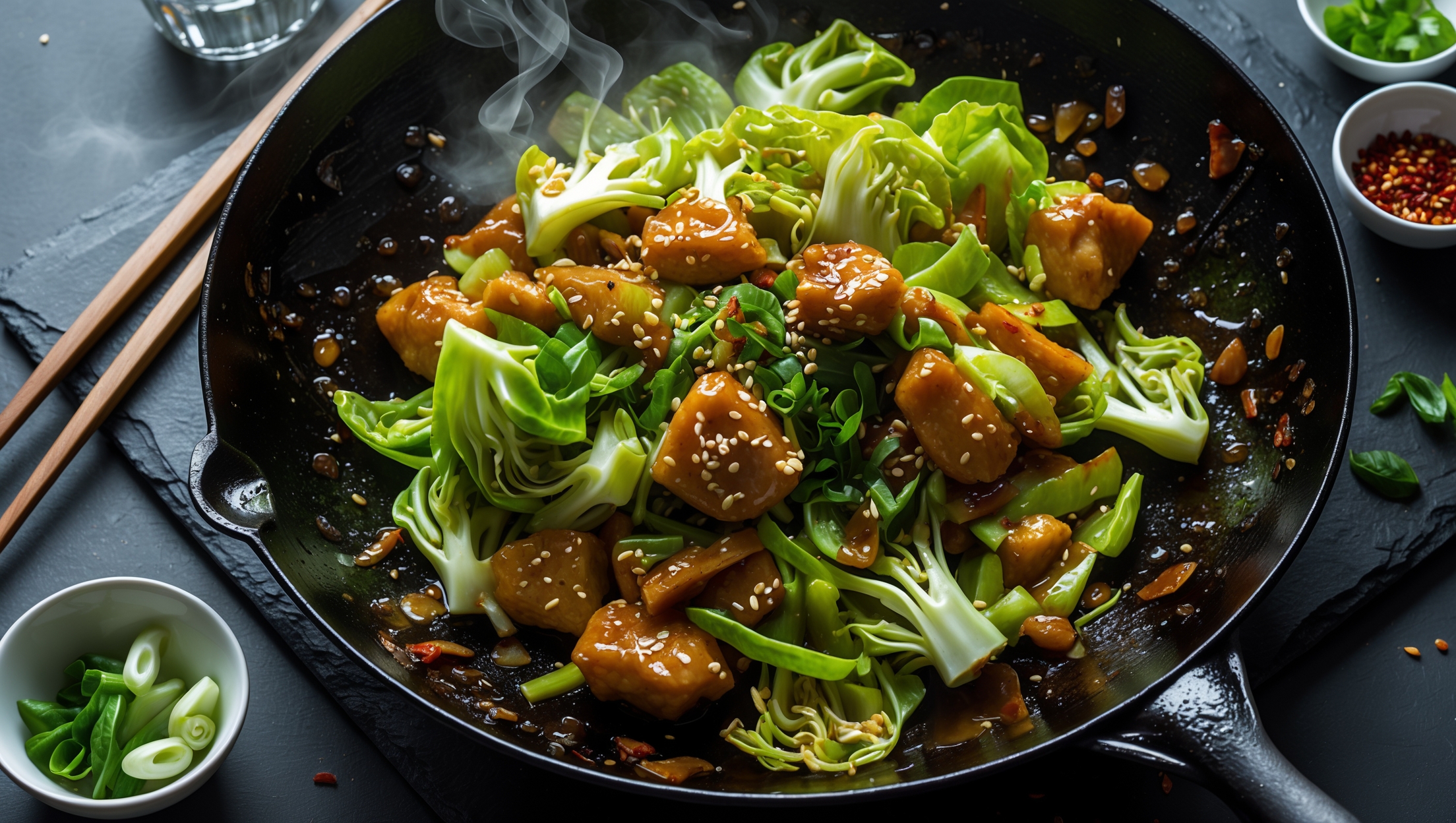 An overhead shot of a glossy cast iron wok filled with vibrant green cabbage strips, caramelized at the edges, tossed with tender chicken pieces and scattered with sesame seeds. Steam rises gently from the dish, captured in natural window light that highlights the glistening sauce coating each piece. Wooden chopsticks rest beside the wok on a dark slate surface, with small bowls of sliced green onions and red chili flakes adding pops of color. The composition showcases the texture variations - from the slight char on the cabbage to the juicy protein pieces - all nestled in the rich, glossy keto-friendly sauce.