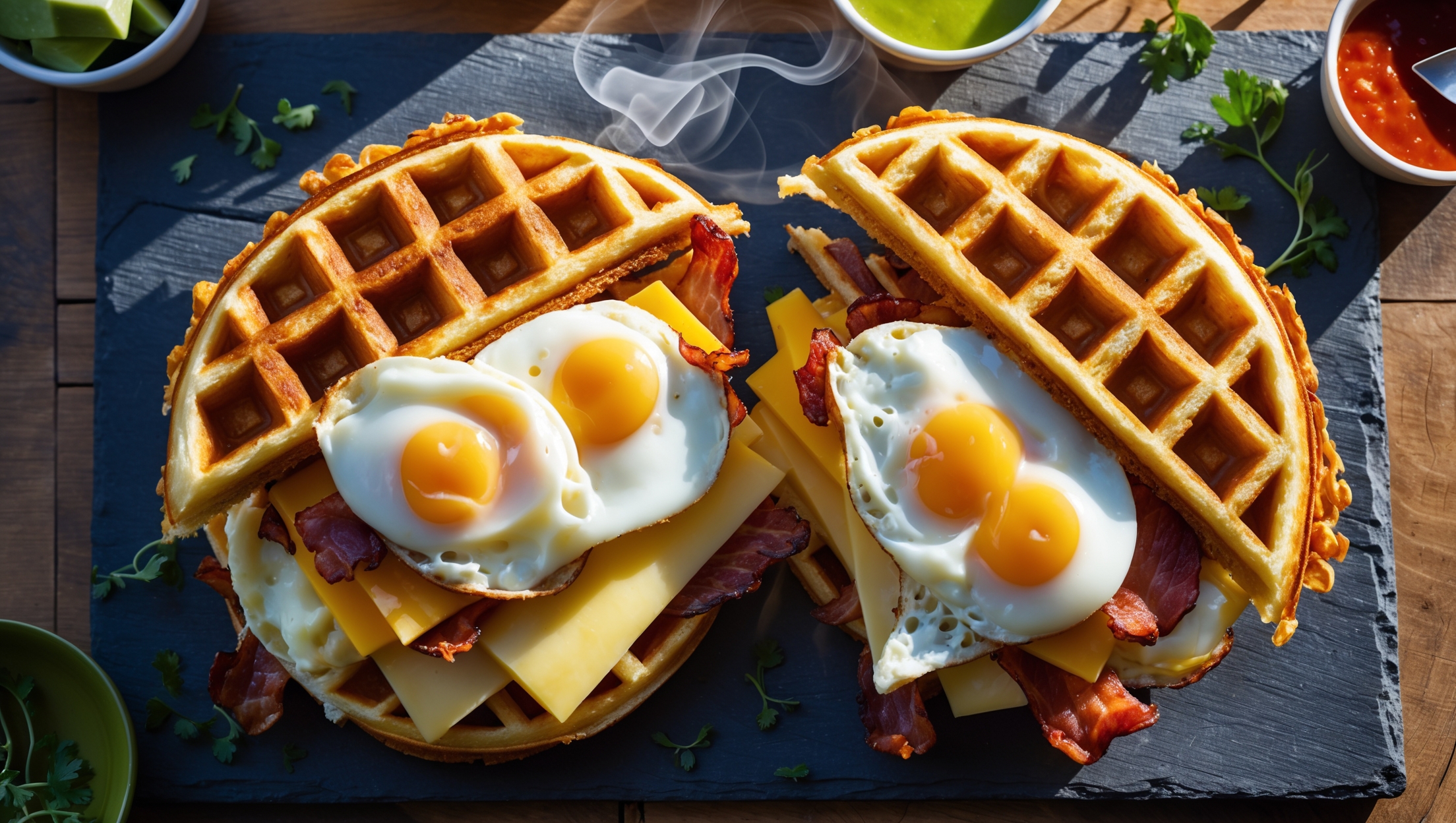 An overhead shot captures a halved keto breakfast sandwich on a slate serving board, revealing layers of golden-brown chaffle bread with its characteristic waffle texture and crisp edges. The cross-section displays perfectly cooked folded eggs, melting cheddar cheese, and crispy bacon nestled between the chaffles. Soft morning light highlights the contrasting textures – the crispy exterior of the chaffles against the fluffy eggs. Small ramekins of avocado and hot sauce sit alongside, with fresh herbs scattered around the board adding vibrant green accents. The warm golden tones of the sandwich contrast beautifully with the cool gray slate, while wisps of steam suggest it's freshly made.