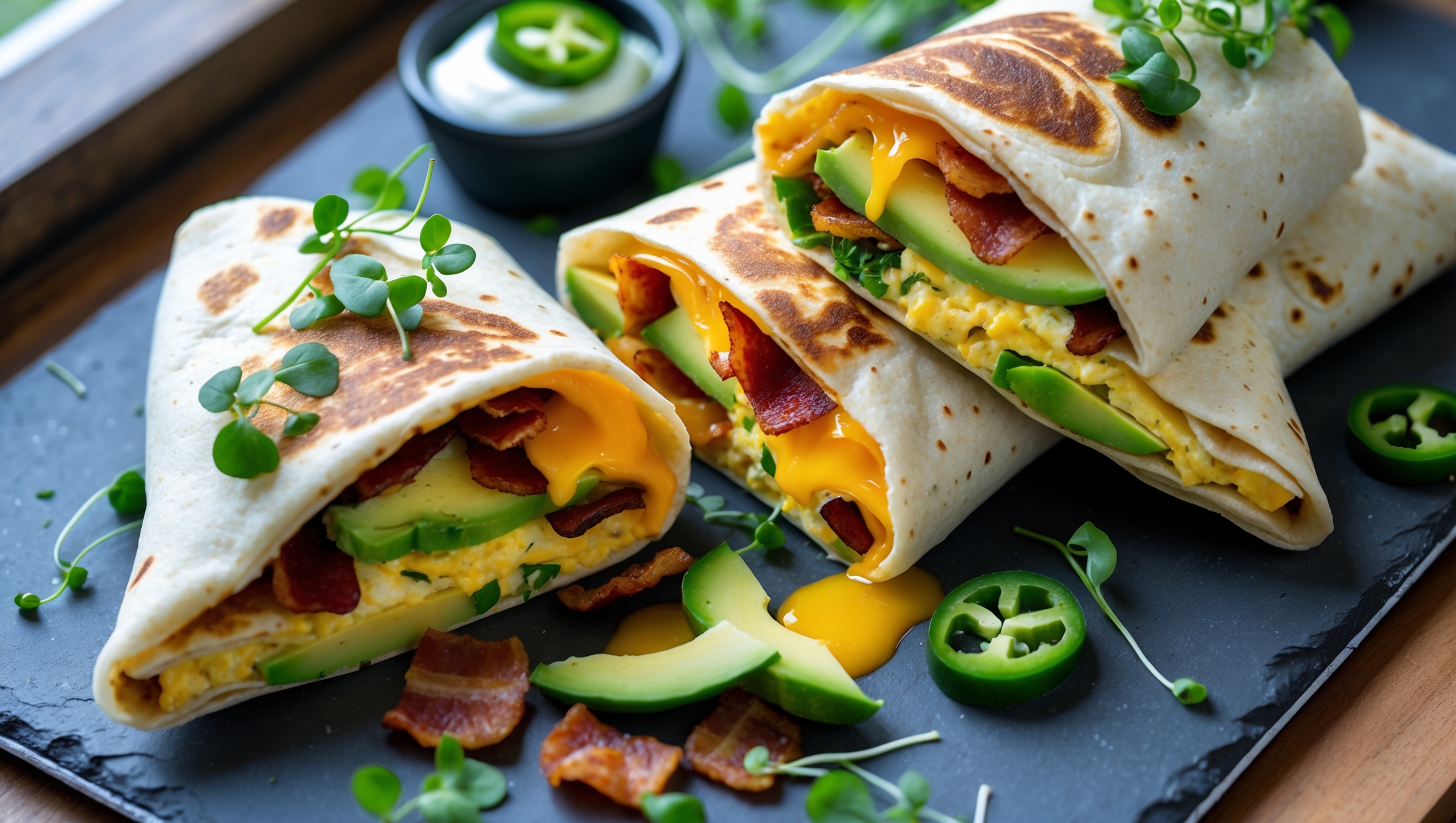 An overhead shot captures these golden keto breakfast burritos, cut diagonally to reveal colorful layers of vibrant filling. The egg wrap exterior has delicate browning patterns, while melted cheese, crispy bacon pieces, and creamy avocado slices peek from inside. The burritos rest on a textured slate serving board, garnished with fresh green herbs and sliced jalapeños for contrast. Soft window light highlights the textures, with a small ramekin of sour cream and scattered microgreens adding visual interest to the composition.