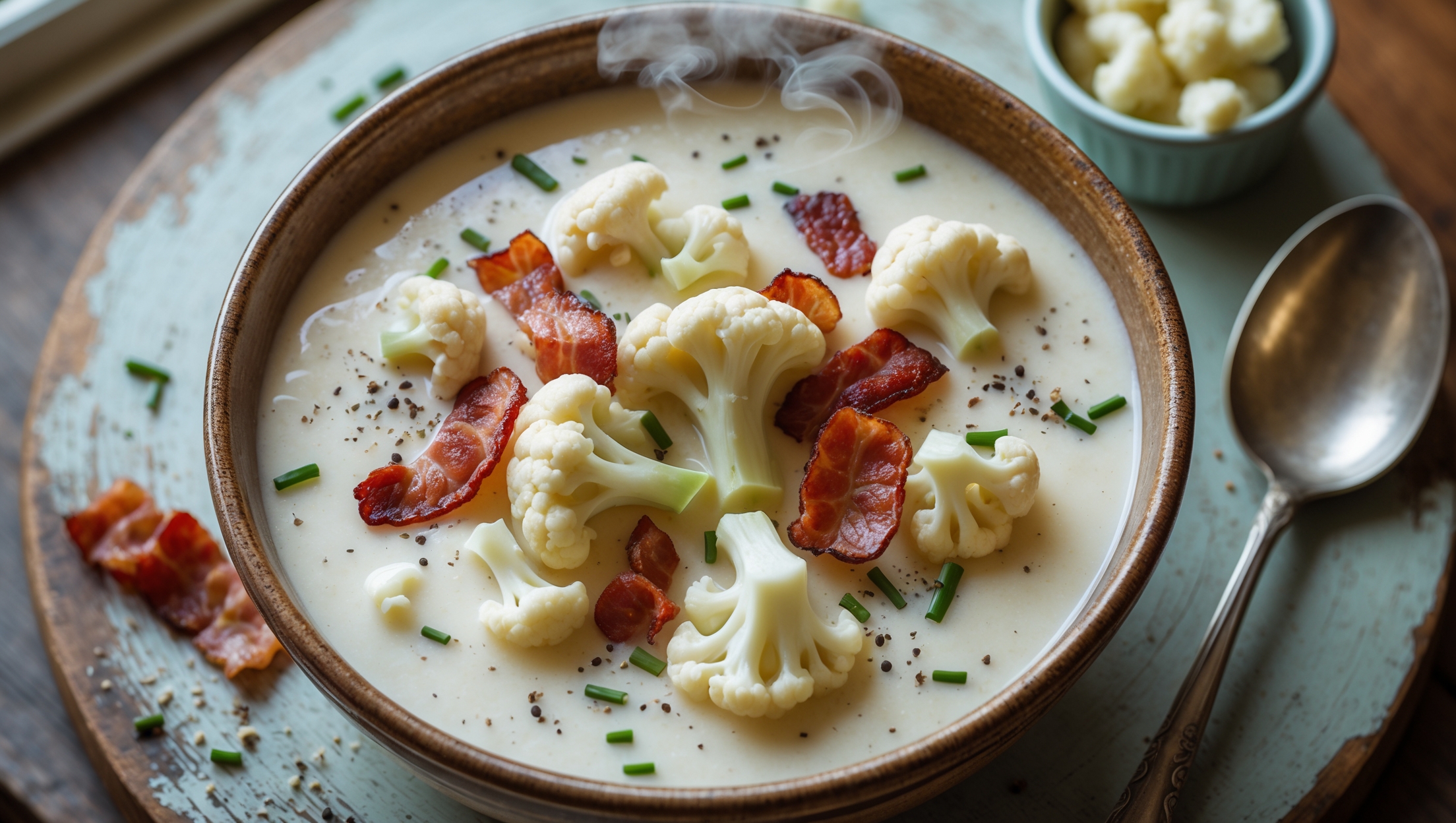 An overhead shot of a rustic ceramic bowl filled with thick, creamy cauliflower chowder, where tender cauliflower florets peek through the velvety broth. Crispy bacon pieces scatter across the surface, creating a beautiful contrast against the pale soup. A sprinkle of chives and freshly cracked black pepper adds vibrant color accents. Steam gently rises from the surface, captured in soft natural light streaming through a kitchen window. The bowl sits on a weathered wooden board alongside a vintage silver spoon and small ramekin of extra cheese, with a few raw cauliflower florets and bacon strips artfully arranged in the background to highlight the key ingredients.