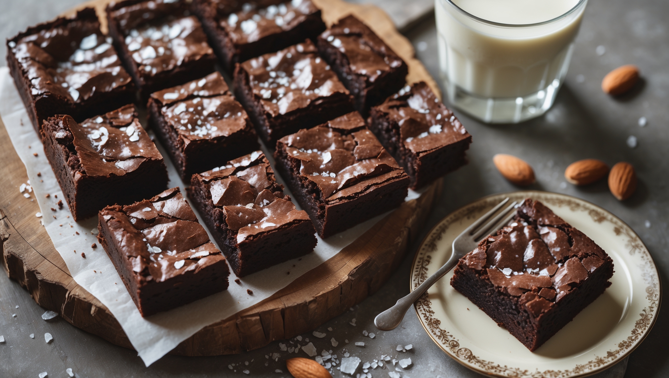 An overhead shot of a rustic wooden board holding several keto brownies cut into perfect squares, revealing their fudgy interior with shiny crackly tops. A close-up captures the dense, moist texture as one brownie is broken apart, with melted chocolate chunks creating glistening pockets throughout. Shot in soft natural light that highlights the deep chocolate color and contrasting texture between the crackly top and fudgy center. A scattered dusting of flaky sea salt adds dimension, while a single brownie sits on a vintage dessert plate with a small fork beside it. A glass of almond milk and a few whole almonds are thoughtfully placed in the background, complementing the nutty undertones in the recipe.
