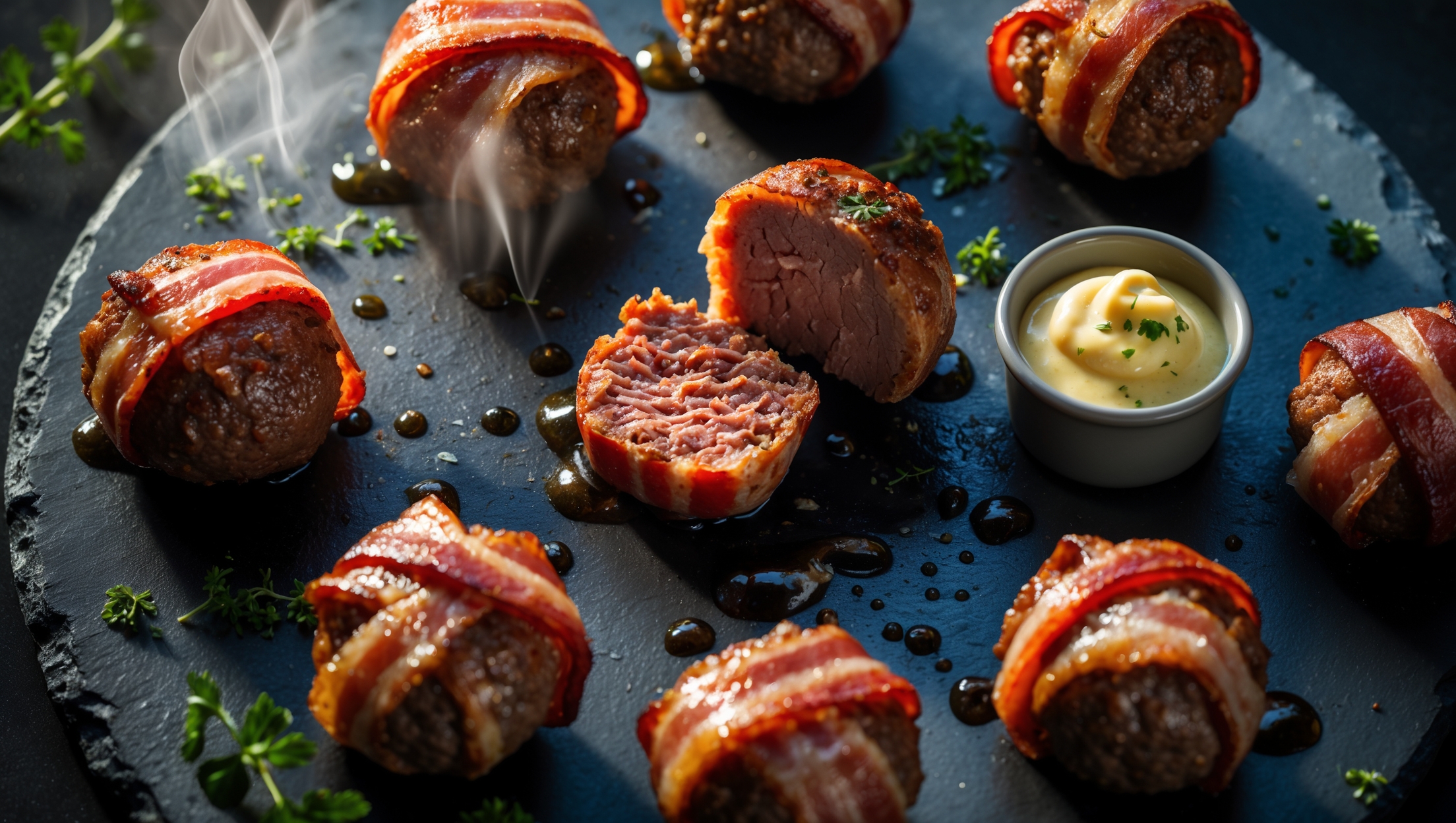 An overhead shot of golden-brown bacon-wrapped meatballs arranged on a rustic slate serving platter, with a cross-section of one meatball revealing the juicy beef interior encased in crispy bacon. Soft natural light highlights the glistening surface and caramelized edges, while scattered fresh herbs and a small ramekin of creamy garlic dipping sauce add vibrant color contrast. Wisps of steam rise from the meatballs, suggesting they're freshly baked, with tiny droplets of rendered fat creating an enticing glossy finish against the dark background.
