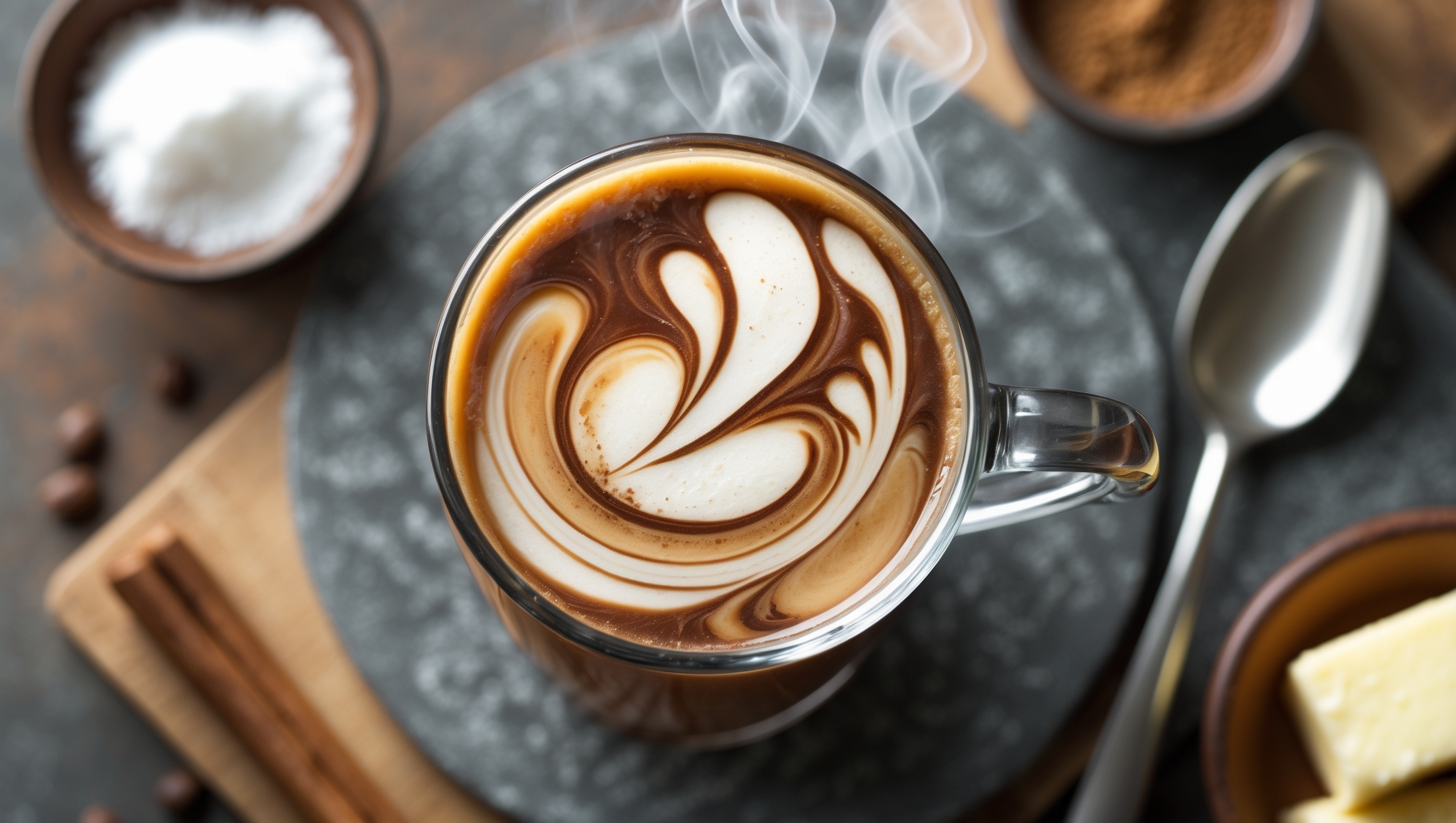An overhead shot of a sophisticated glass mug filled with a velvety, caramel-colored keto bulletproof coffee mocktail. The drink's surface showcases a beautiful marbled pattern of cream swirling through the coffee, captured in bright natural daylight that highlights the luxurious texture. A small silver spoon rests beside the mug on a textured wooden board, while small bowls of coconut oil and butter sit nearby, emphasizing the key ingredients. Steam rises gently from the surface, suggesting warmth and comfort, while a sprinkle of cinnamon and a cinnamon stick garnish add depth and visual interest to this indulgent morning ritual.