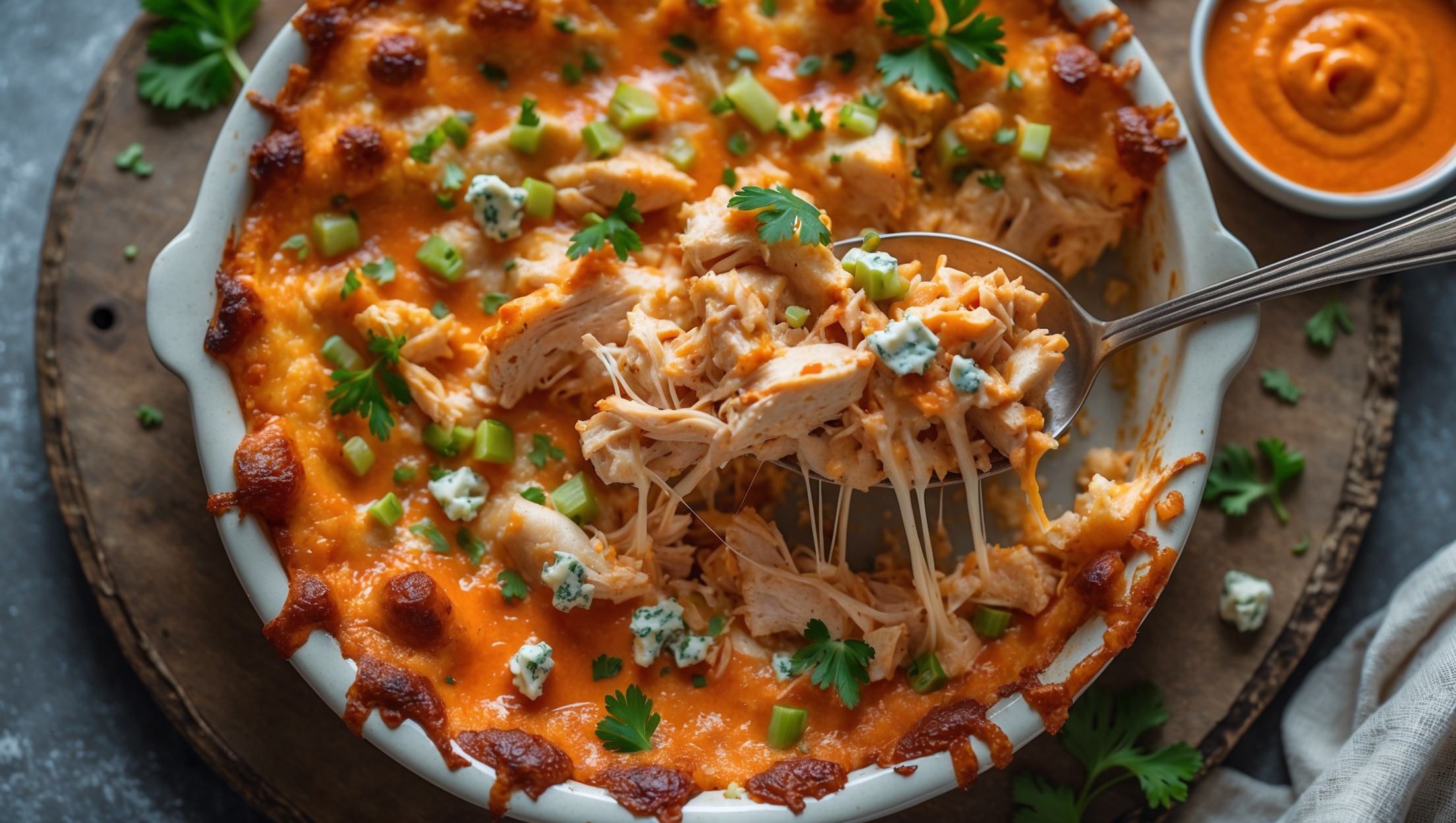 An overhead shot of the bubbling Keto Buffalo Chicken Casserole fresh from the oven, showcasing the golden-brown cheese crust with small pockets where bright orange buffalo sauce peeks through. The cross-section view reveals juicy shredded chicken pieces coated in creamy sauce with vibrant specs of green celery and herbs throughout. Soft natural light highlights the strings of melted cheese being pulled up with a serving spoon, creating an inviting, gooey stretch. The casserole is presented in a rustic ceramic baking dish set on a distressed wooden board, garnished with fresh parsley and a sprinkle of blue cheese crumbles, with a small bowl of extra buffalo sauce on the side.