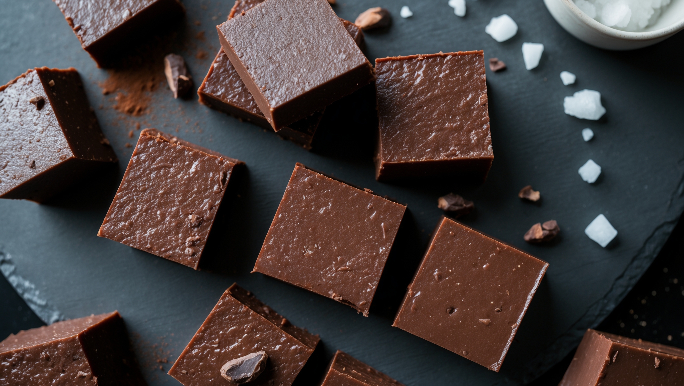 An overhead shot of perfectly cut keto chocolate fudge squares arranged on a matte black slate, their glossy surfaces catching the soft natural light streaming through a nearby window. A close-up reveals the dense, slightly moist texture with tiny flecks of unsweetened chocolate visible throughout. Several pieces are artfully stacked, showcasing the fudge's firm yet yielding consistency, while others remain scattered alongside decorative elements of cacao nibs and a light dusting of unsweetened cocoa powder. The rich, deep chocolate color contrasts beautifully against a small white ceramic dish of sea salt flakes nearby, suggesting the perfect sweet-salty finish that enhances the fudge's intense chocolate profile.