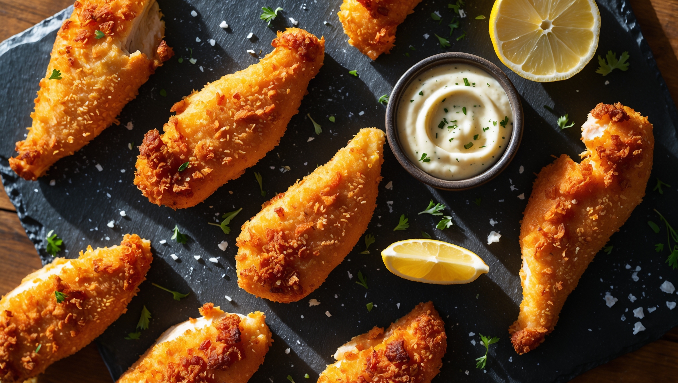 An overhead shot of golden-brown keto chicken tenders arranged on a rustic slate serving board, with visible texture from the almond flour crust catching the soft natural light. A cross-section shot reveals the juicy, perfectly cooked chicken inside contrasted against the crispy exterior. Scattered fresh herbs and a small ramekin of homemade mayo-based dipping sauce add color contrast. A wedge of lemon and sprinkle of flaky sea salt provide finishing touches, while the warm lighting highlights the crunchy, textured coating that resembles traditional breaded tenders.