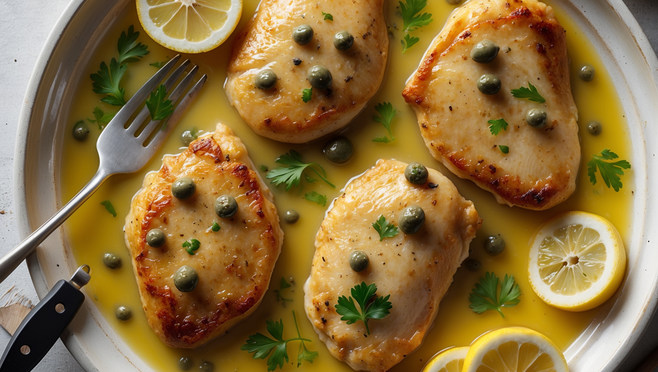 An overhead shot of golden-brown chicken cutlets nestled in a glistening, pale yellow lemon-caper sauce. The dish is presented on a white ceramic platter with slices of lemon artfully arranged alongside. A scattering of fresh parsley adds vibrant green accents, while capers dot the sauce creating visual interest. The sauce catches the soft natural light, highlighting its silky texture as it pools around the chicken. A fork rests at the edge of the frame, with a small piece of chicken poised to be enjoyed, revealing the juicy interior against the crisp exterior coating.