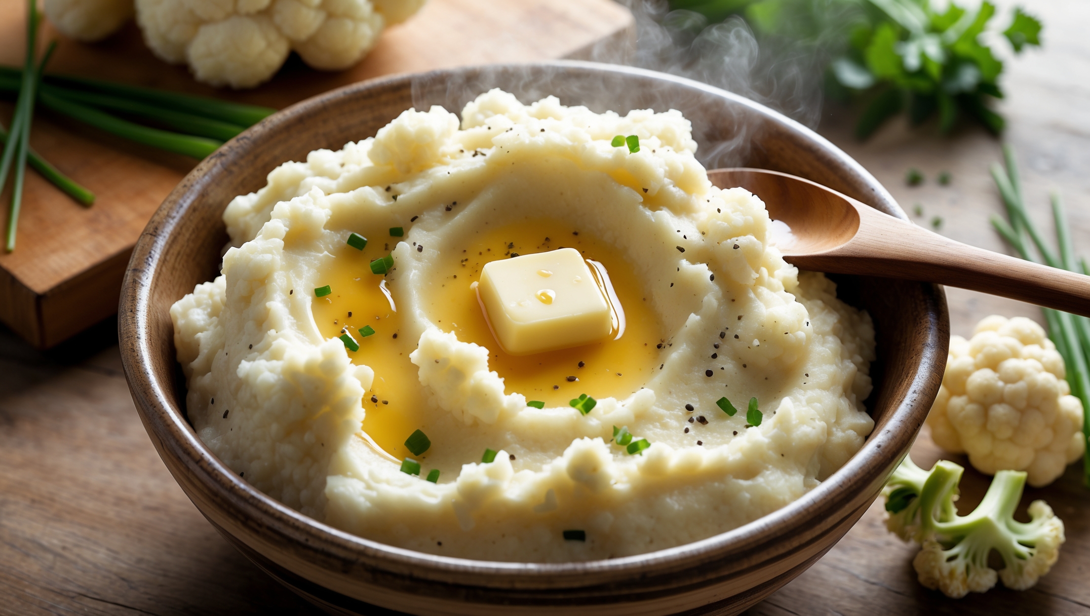 An overhead shot of creamy white cauliflower mashed "potatoes" in a rustic earthenware bowl, with a pat of melting butter creating golden pools on the surface. Soft natural light highlights the silky texture and tiny flecks of black pepper and fresh chives scattered across the top. A wooden serving spoon rests alongside, showing the thick, fluffy consistency as it pulls away from the mash. In the background, a few florets of raw cauliflower and sprigs of herbs artfully arranged on a wooden cutting board suggest the dish's fresh ingredients, while the warm, steamy effect indicates it's freshly prepared and ready to serve.