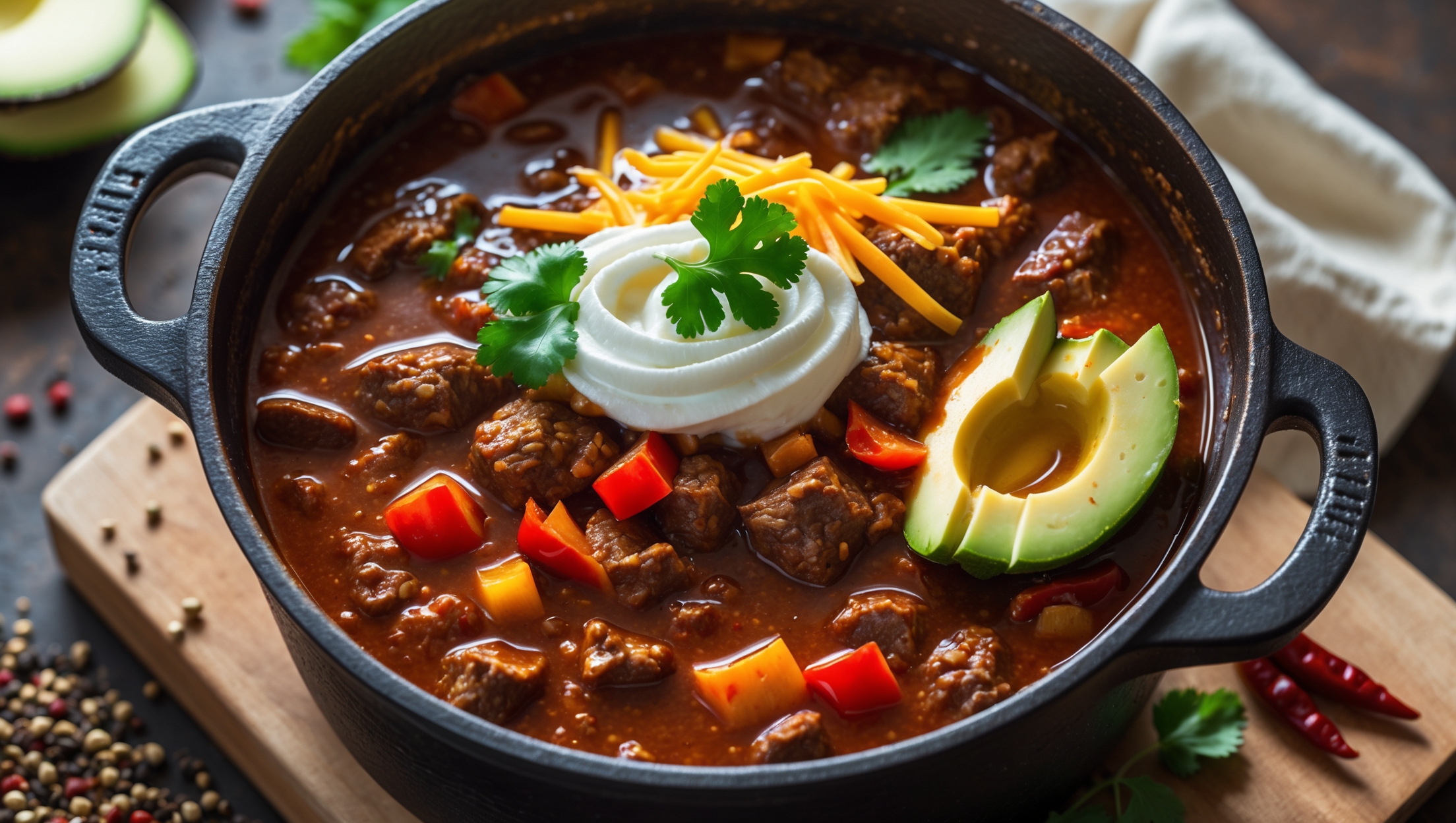 An overhead shot of a rustic cast-iron pot filled with steaming, deep-red keto chili, showcasing tender chunks of beef and colorful bell peppers in a thick sauce. A cross-section view reveals the hearty texture and absence of beans, highlighting the keto-friendly nature. Soft natural light accentuates the glistening surface where hints of rendered fat create beautiful, flavorful pools. Garnishes of fresh avocado slices, sour cream swirls, and scattered cilantro provide bright color contrasts against the rich chili. Shredded cheddar melts slightly on top, while a wooden board beneath the pot and scattered whole spices—cumin seeds, dried chilies, and oregano—around the setup emphasize the authentic cooking process and warming spices that define this low-carb comfort food.