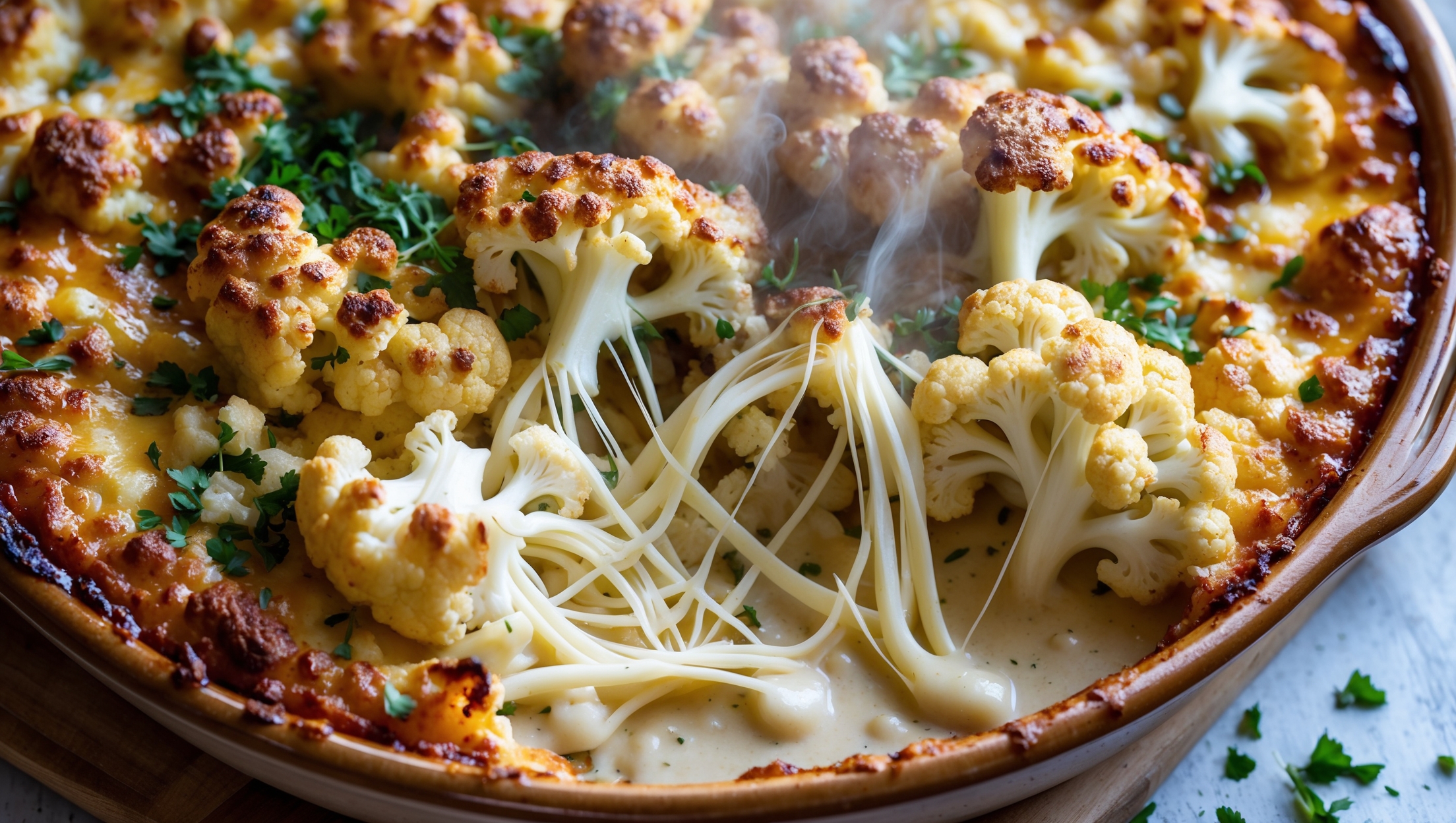 An overhead shot of the Keto Cheesy Cauliflower Bake fresh from the oven, capturing the golden-brown, slightly crispy cheese crust with bubbling edges. The cross-section view reveals tender cauliflower pieces nestled in a creamy sauce with visible strands of melted mozzarella forming perfect cheese pulls. Soft natural light highlights the varying textures - from the caramelized top to the creamy interior. The dish is presented in a rustic earthenware baking dish on a wooden board, garnished with fresh chopped herbs that provide a vibrant green contrast against the golden cheese. Steam gently rises from the freshly cut portion, hinting at the melted cheese goodness within.