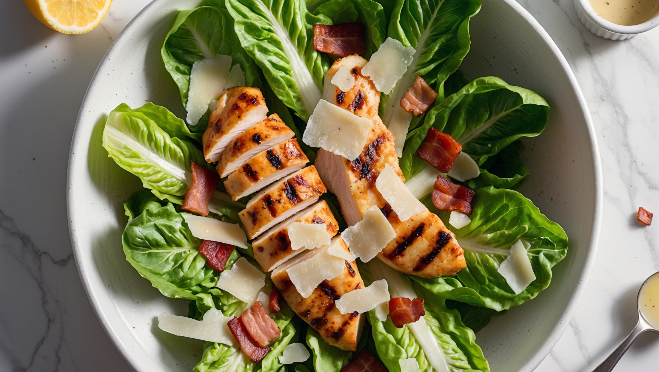An overhead shot of a shallow white ceramic bowl filled with vibrant green romaine lettuce leaves and succulent grilled chicken strips, all glistening with Caesar dressing under soft natural light. Generous shavings of parmesan cheese rest atop the salad, contrasting with crispy bacon pieces scattered throughout. A halved lemon and small ramekin of extra dressing sit alongside the bowl on a light marble surface, while droplets of dressing cling to individual lettuce pieces, highlighting the rich, creamy texture of the homemade keto-friendly dressing.