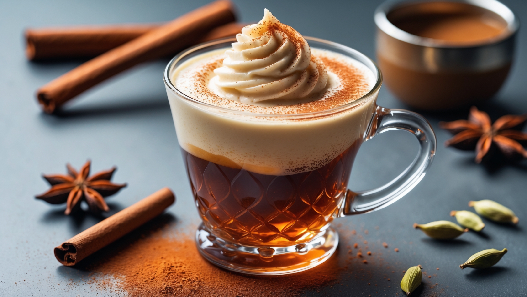 An elegant clear glass mug showcases the rich amber-colored keto chai tea mocktail with delicate spice-infused cream swirling on top. Shot in bright natural daylight highlighting the contrasting layers – the darker spiced tea base and the lighter coconut cream topping. A cinnamon stick leans against the glass while star anise and cardamom pods rest nearby, emphasizing the aromatic ingredients. Textural details capture tiny bubbles where the tea and cream meet, with a light dusting of cinnamon powder creating a warm color contrast against the creamy surface.