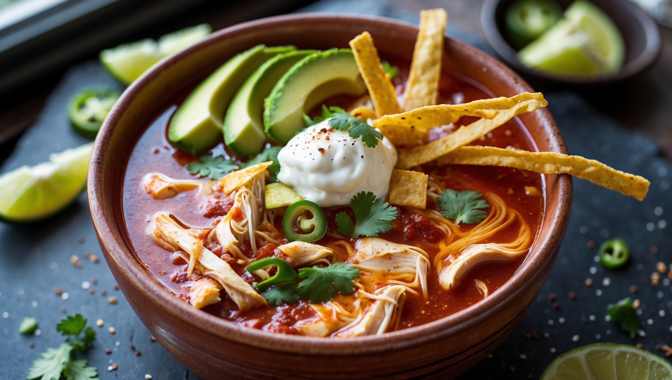 A steaming bowl of rich, vibrant red Keto Chicken Enchilada Soup captured in natural window light that highlights the velvety texture of the broth. The closeup reveals tender shredded chicken pieces, flecks of green cilantro, and swirls of melted cheese throughout the soup. Garnishes of sliced avocado, crispy keto tortilla strips, and a dollop of sour cream create height and textural contrast. The soup is served in a rustic earthenware bowl set against a dark slate surface, with scattered fresh jalapeño slices, lime wedges, and sprinkles of Mexican spices surrounding the bowl, emphasizing the authentic flavors in this keto-friendly adaptation.
