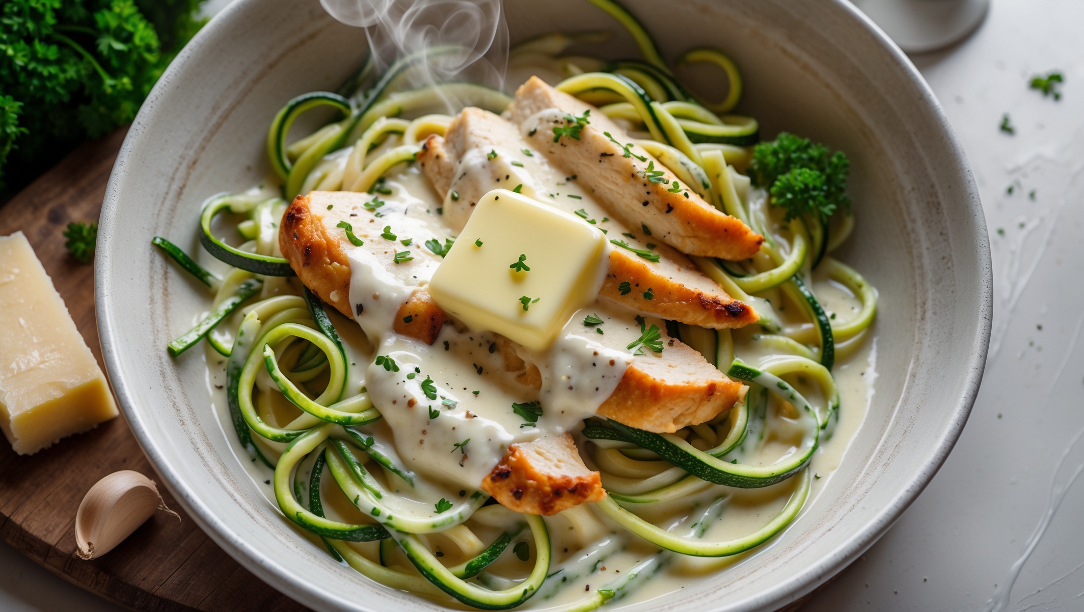 An overhead shot of a white ceramic bowl filled with vibrant green zucchini noodles intertwined with succulent strips of golden-brown chicken breast, all glistening with a velvety white Alfredo sauce. A pat of butter melts slowly on top, creating a luxurious sheen under soft natural light. Fresh parsley and cracked black pepper are scattered across the surface, providing visual contrast against the creamy sauce. A small wedge of Parmesan and a garlic clove sit nearby on a rustic wooden board, hinting at the dish's rich flavors, while steam gently rises, suggesting it's freshly prepared and ready to enjoy.