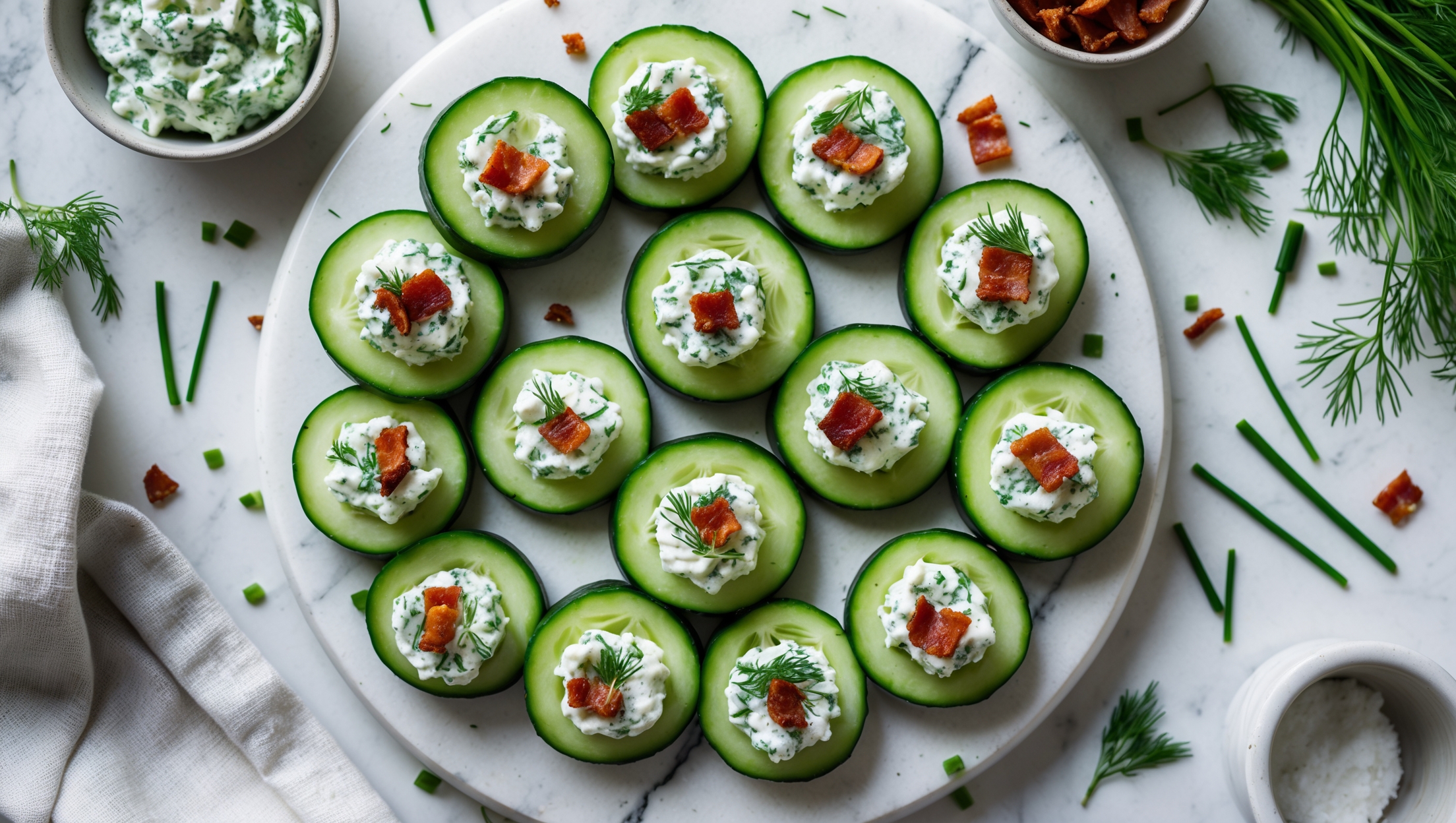 Overhead shot of vibrant green cucumber rounds arranged in a circular pattern on a white marble serving platter. Each bite-sized sandwich features a generous layer of herb-flecked cream cheese visible between the cucumber slices, with tiny pieces of crispy bacon adding texture and color contrast. Scattered fresh dill sprigs and chives surround the platter, while a small bowl of extra cream cheese mixture sits nearby. Soft natural light highlights the refreshing dewiness of the cucumbers, emphasizing their crisp texture and the creamy filling. A linen napkin and small salt cellar complete the refreshing, summery composition.