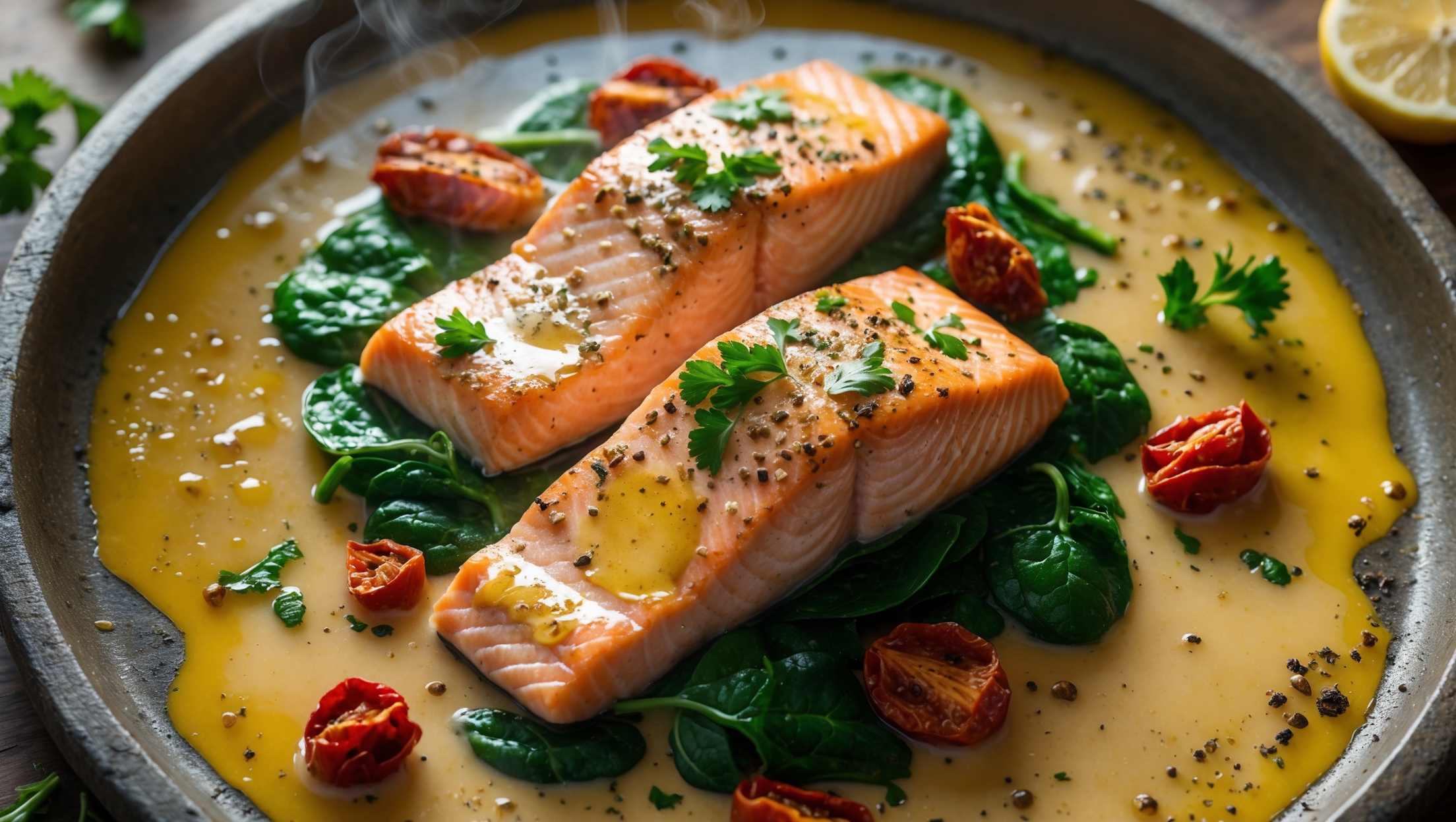 An overhead shot of pink-centered salmon fillets bathed in a golden cream sauce, spotted with vibrant red sun-dried tomatoes and emerald spinach. The dish is captured in warm natural light on a rustic stone platter, with droplets of olive oil glistening on the surface. A light dusting of freshly cracked black pepper and chopped parsley adds contrast, while a lemon wedge and scattered fresh herbs frame the composition. Steam gently rises from the perfectly seared salmon, highlighting its flaky texture against the velvety sauce pooling beneath.
