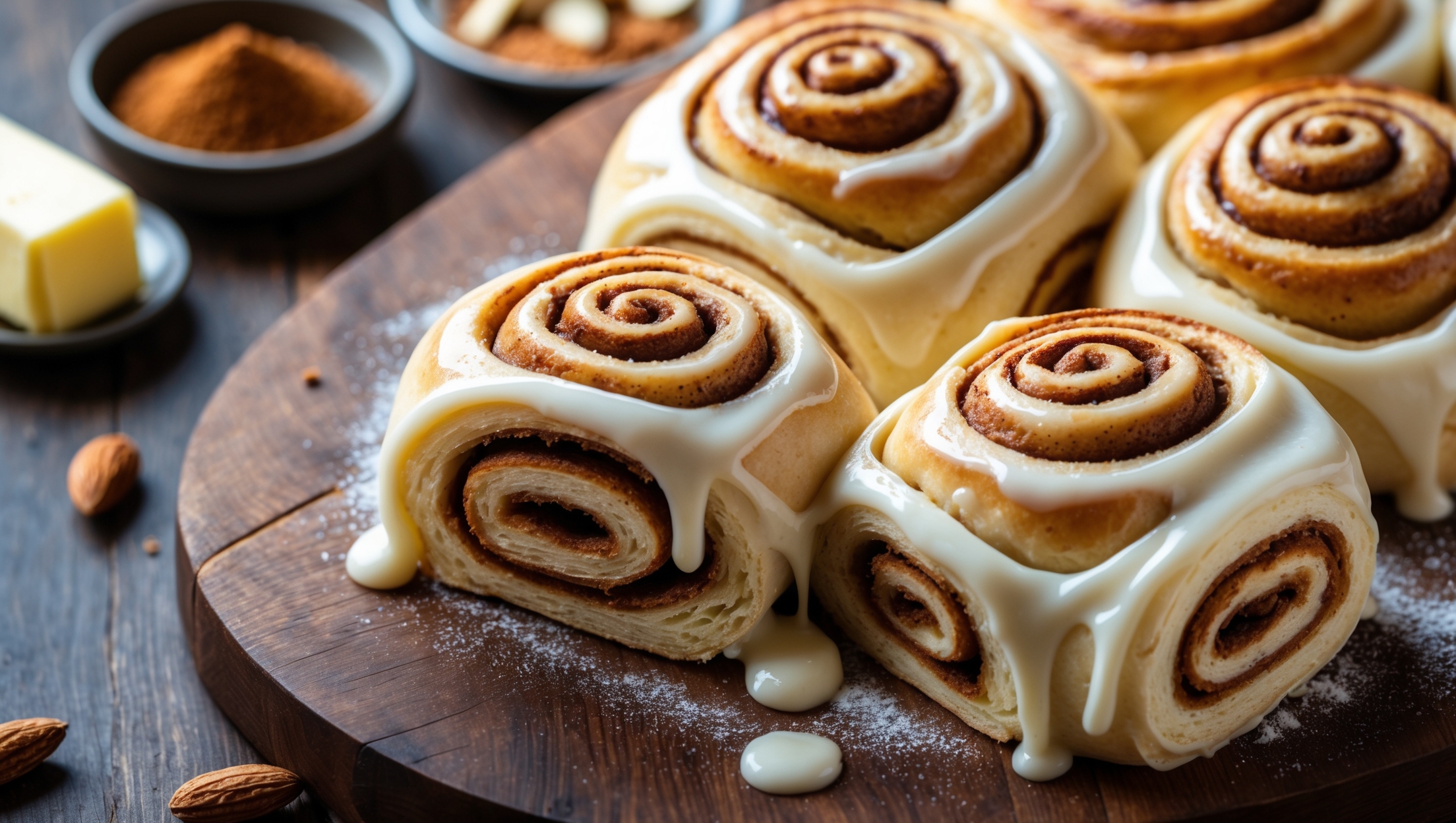 An overhead shot of golden-brown keto cinnamon rolls arranged on a rustic wooden serving board, with one roll pulled slightly apart revealing the swirled cinnamon filling inside. Soft natural light highlights the glossy cream cheese frosting dripping down the sides, with visible specks of cinnamon throughout the spirals. The dramatic cross-section shows the distinct layers of the fathead dough and the gooey cinnamon filling melting together. In the background, a small dish of ground cinnamon, a stick of butter, and scattered almonds complement the scene, while steam gently rises from the freshly baked rolls, suggesting their warmth and aroma.
