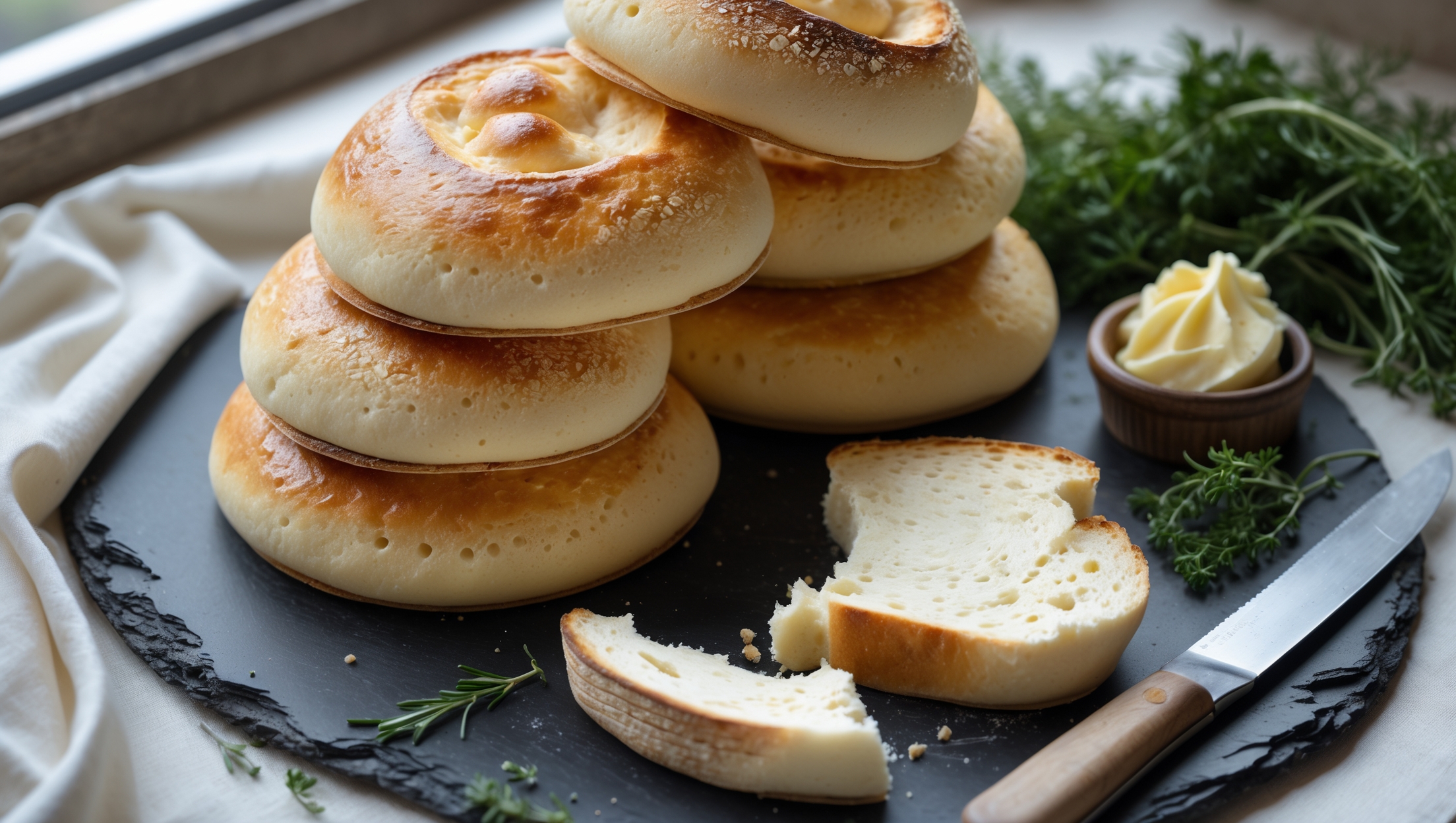 An overhead shot of perfectly rounded cloud bread pieces stacked in a gentle cascade on a rustic slate serving board. The bread's exterior displays a golden-brown surface with subtle air bubbles, while a cross-section reveals the extraordinarily light, airy texture that gives this creation its name. Soft natural light streams in from a nearby window, highlighting the bread's delicate structure against a thoughtfully arranged backdrop of fresh herbs and a small ramekin of whipped butter. A knife rests nearby, having just sliced through one piece, demonstrating the bread's satisfying pull-apart quality and marshmallow-like interior.