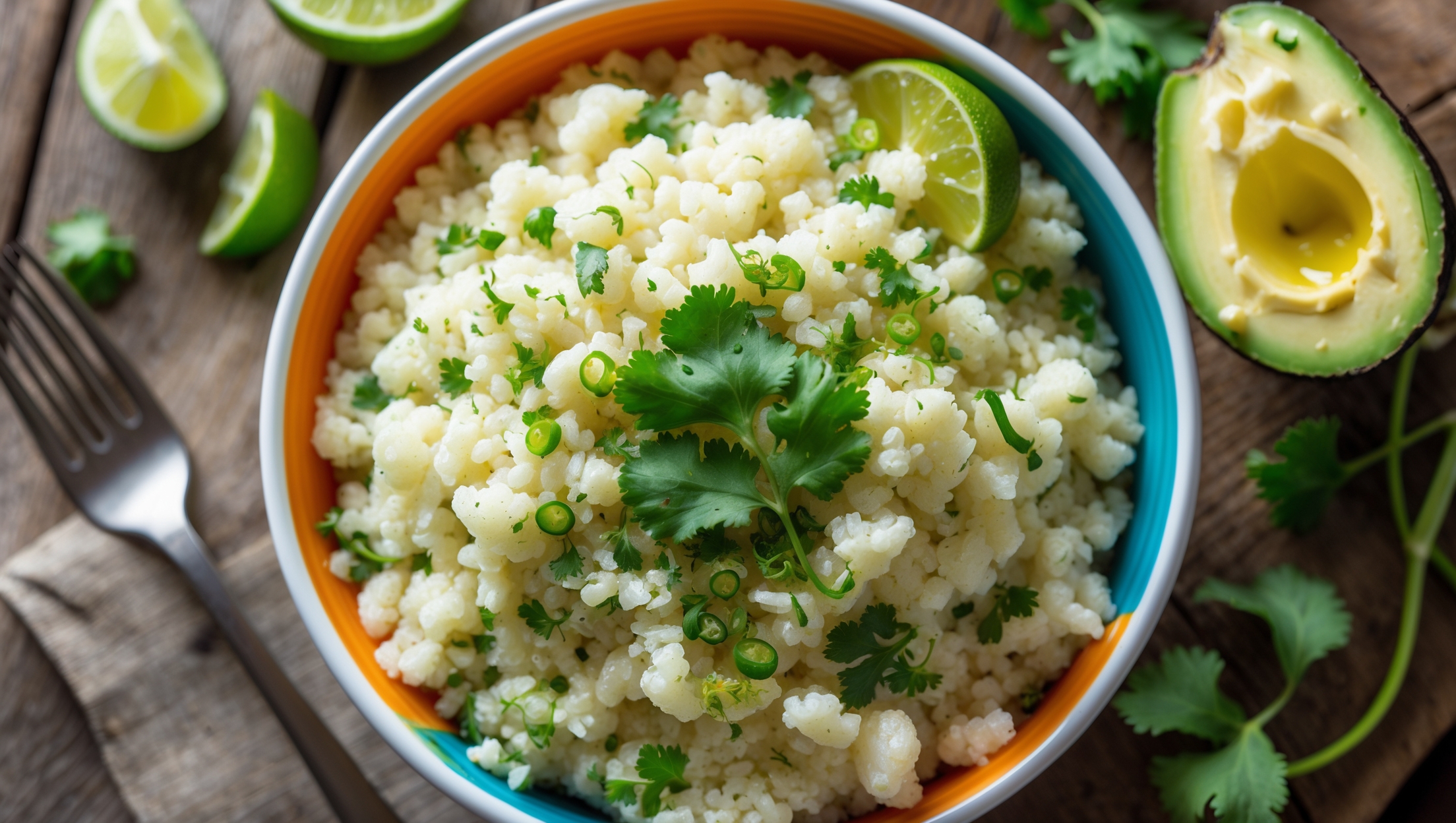 An overhead shot of a colorful bowl filled with fluffy, green-flecked cauliflower rice on a rustic wooden table. Soft natural light highlights the individual grains of riced cauliflower glistening with olive oil and butter. Close-up details reveal bright specks of fresh cilantro, lime zest, and tiny pieces of diced jalapeño adding texture and visual interest. A halved lime rests alongside the bowl, with additional cilantro sprigs scattered around. The steam rising slightly from the warm dish suggests its freshly made nature, while a small bowl of avocado slices sits nearby, complementing the light, refreshing colors of this keto-friendly side dish.