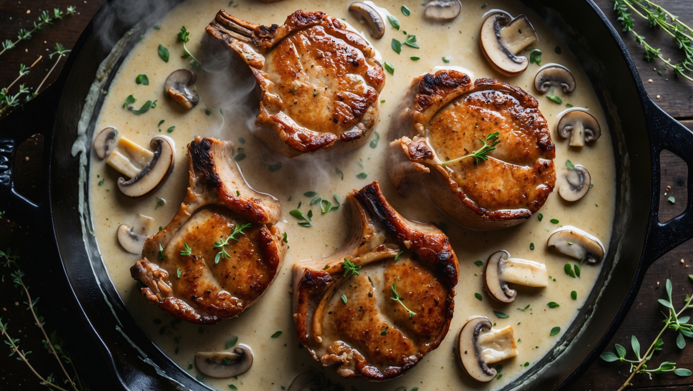 An overhead shot showcases four golden-brown pork chops nestled in a thick, creamy mushroom sauce with visible herbs scattered throughout. The sauce pools around the meat on a rustic cast-iron skillet, with flecks of green herbs creating contrast against the rich ivory sauce. Soft natural light highlights the caramelization on the chops' edges and the silky texture of the sauce, where sliced mushrooms peek through the cream. Steam gently rises from the dish, which sits on a dark wooden table with scattered fresh thyme sprigs and cracked black pepper surrounding the skillet for a rustic, homemade appeal.