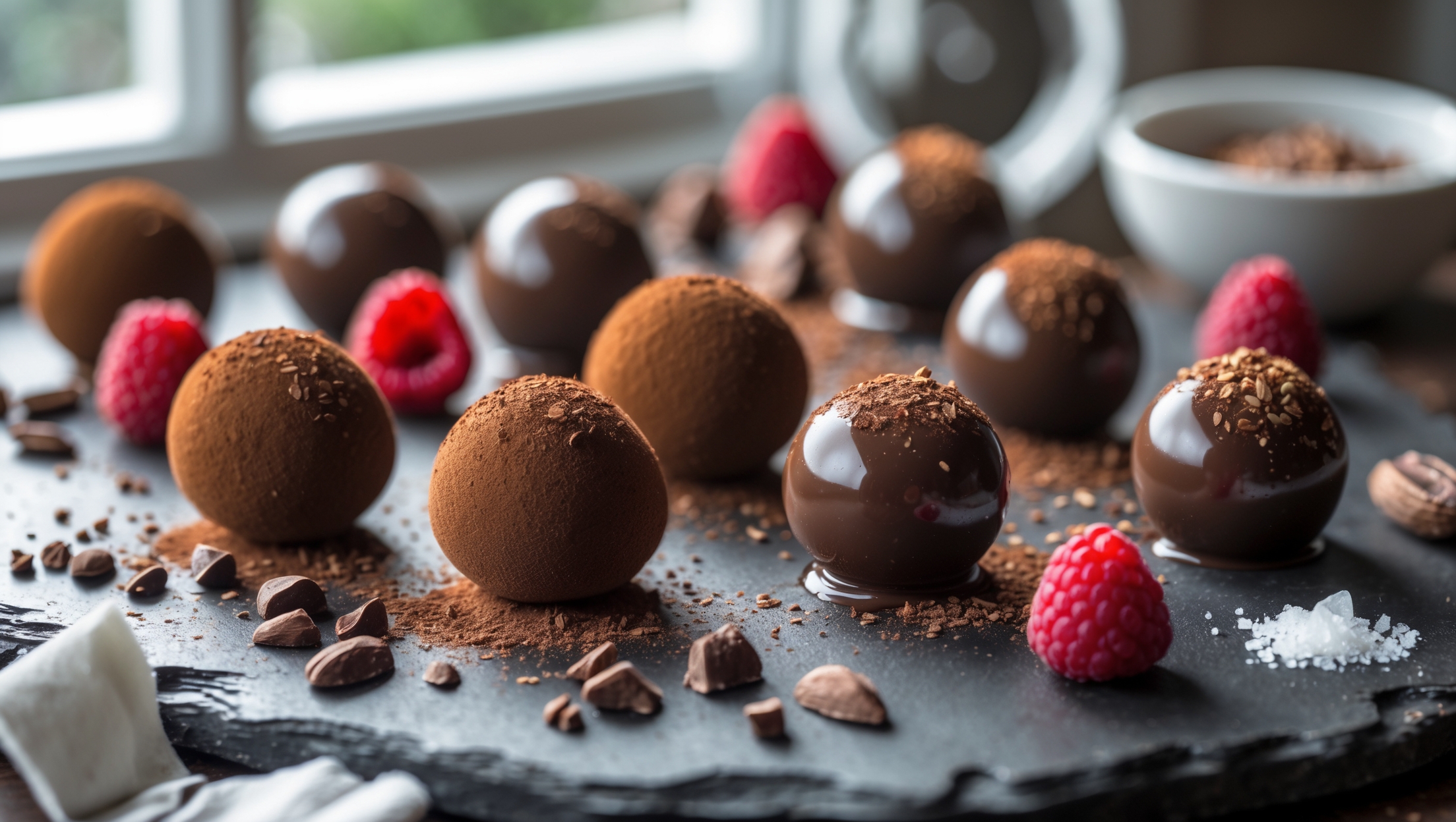 Closeup shot of glossy dark chocolate truffles arranged on a slate serving board, with some dusted in unsweetened cocoa powder and others rolled in finely chopped toasted nuts. The truffles' velvety surface captures the soft natural light streaming in from a nearby window, highlighting their perfectly imperfect handmade appearance. A scattering of cacao nibs and a few fresh raspberries provide striking color contrast against the deep brown spheres. In the background, slightly blurred, sits a small bowl of flaky sea salt and a partial view of the raw ingredients – coconut oil glistening in a measuring spoon and a premium chocolate bar partially unwrapped.
