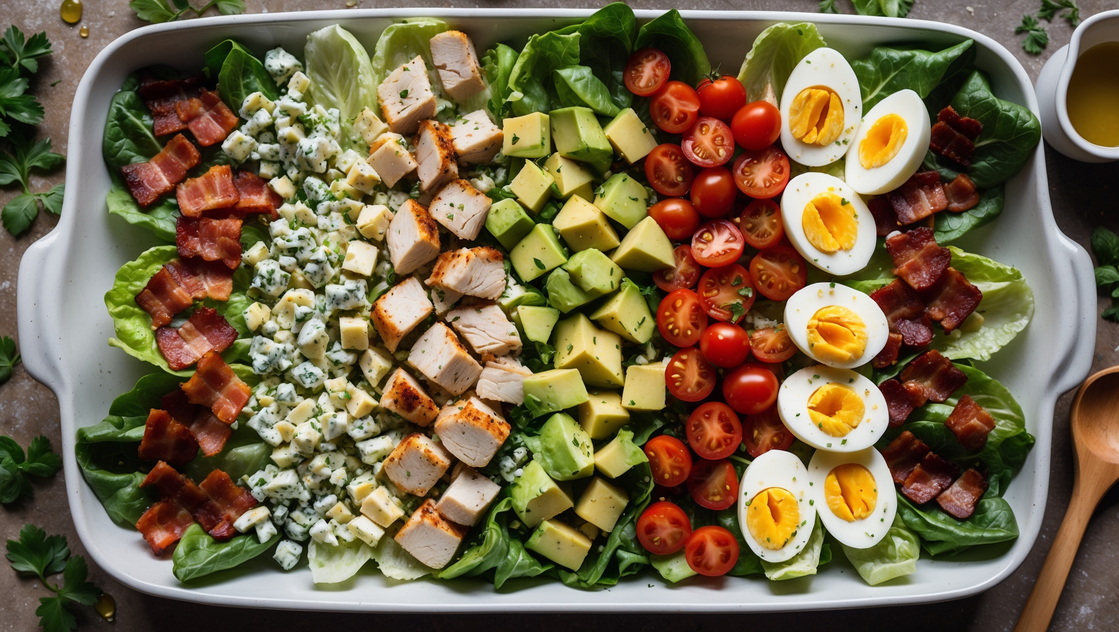 An overhead shot of a vibrant Keto Cobb Salad arranged in neat rows on a large white ceramic platter, captured in bright natural light. The composition showcases distinct stripes of ingredients: crispy bacon pieces, diced grilled chicken breast, halved cherry tomatoes, diced avocado chunks, crumbled blue cheese, and sliced hard-boiled eggs, all resting atop a bed of fresh romaine lettuce. Droplets of olive oil glisten on the ingredients, while the homemade Dijon vinaigrette sits in a small glass pitcher beside the platter. Scattered fresh herbs add pops of green, and a wooden serving spoon rests nearby, creating an inviting presentation that highlights the colorful, textural elements of this keto-friendly dish.