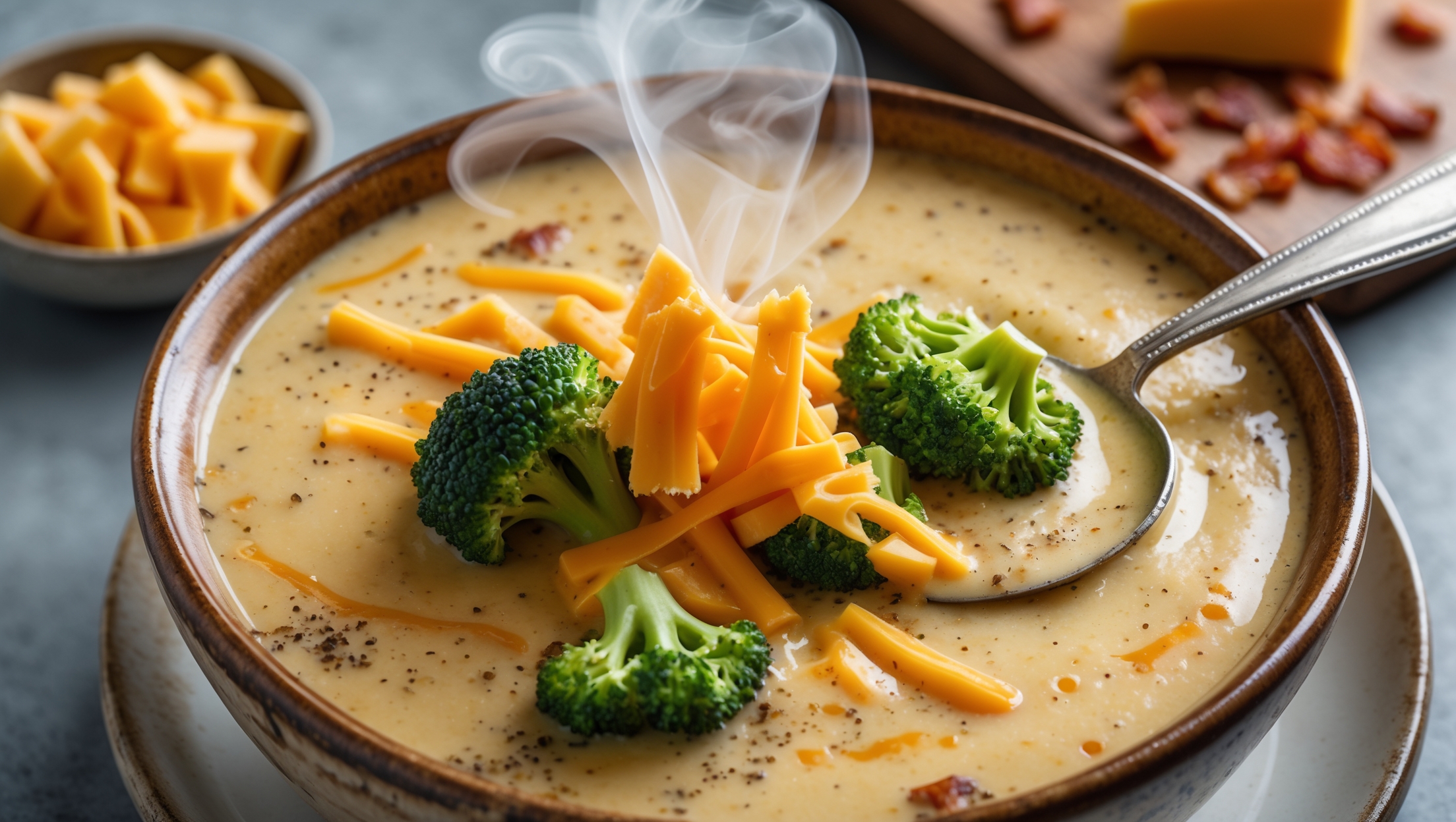 Overhead shot of a rustic ceramic bowl filled with thick, creamy soup where vibrant green broccoli florets peek through a golden, cheese-laden broth. Wisps of steam rise from the surface, captured in soft natural light that highlights the silky texture. A sprinkle of extra shredded cheddar melts on top, creating appealing cheese pulls when lifted with the spoon resting alongside. In the background, a small dish of crispy bacon bits and a cutting board with remaining chunks of cheese add context and depth. The soup's rich texture is evident as it clings to the side of the bowl, showcasing its satisfying consistency and warming appeal.