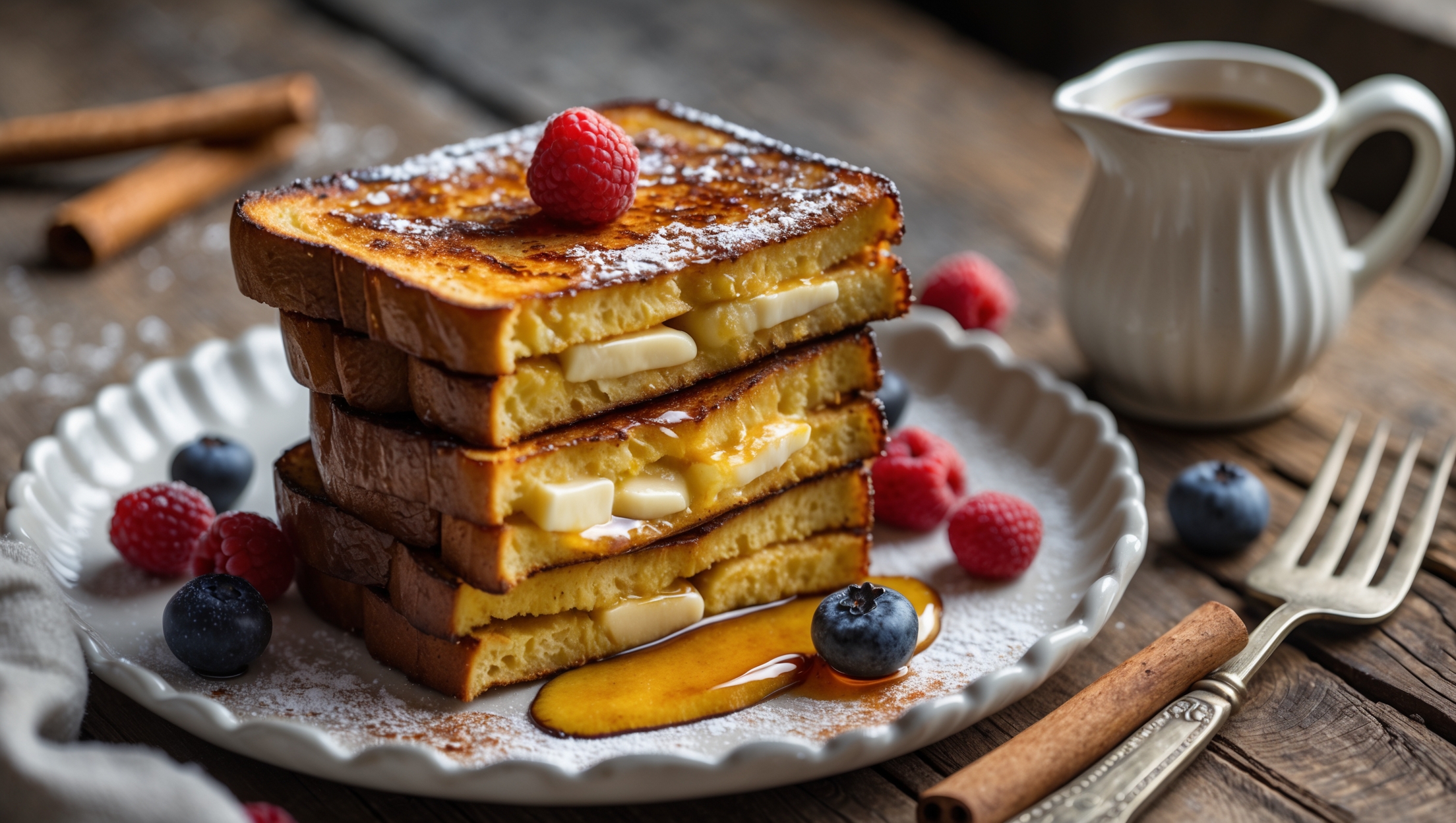 A close-up shot of golden-brown Keto French Toast stacked on a white ceramic plate, with the cross-section revealing a tender, custard-soaked interior. Soft natural light streams in from the side, highlighting the textural contrast between the caramelized exterior and moist center of the almond flour bread. A small pitcher of sugar-free maple syrup is positioned to the right, with melted butter visibly pooling in the bread's crevices. Fresh berries are scattered around the plate for color contrast, while a sprinkle of powdered erythritol dusts the top. The setup rests on a rustic wooden table with a vintage fork positioned nearby and cinnamon sticks arranged as decoration.