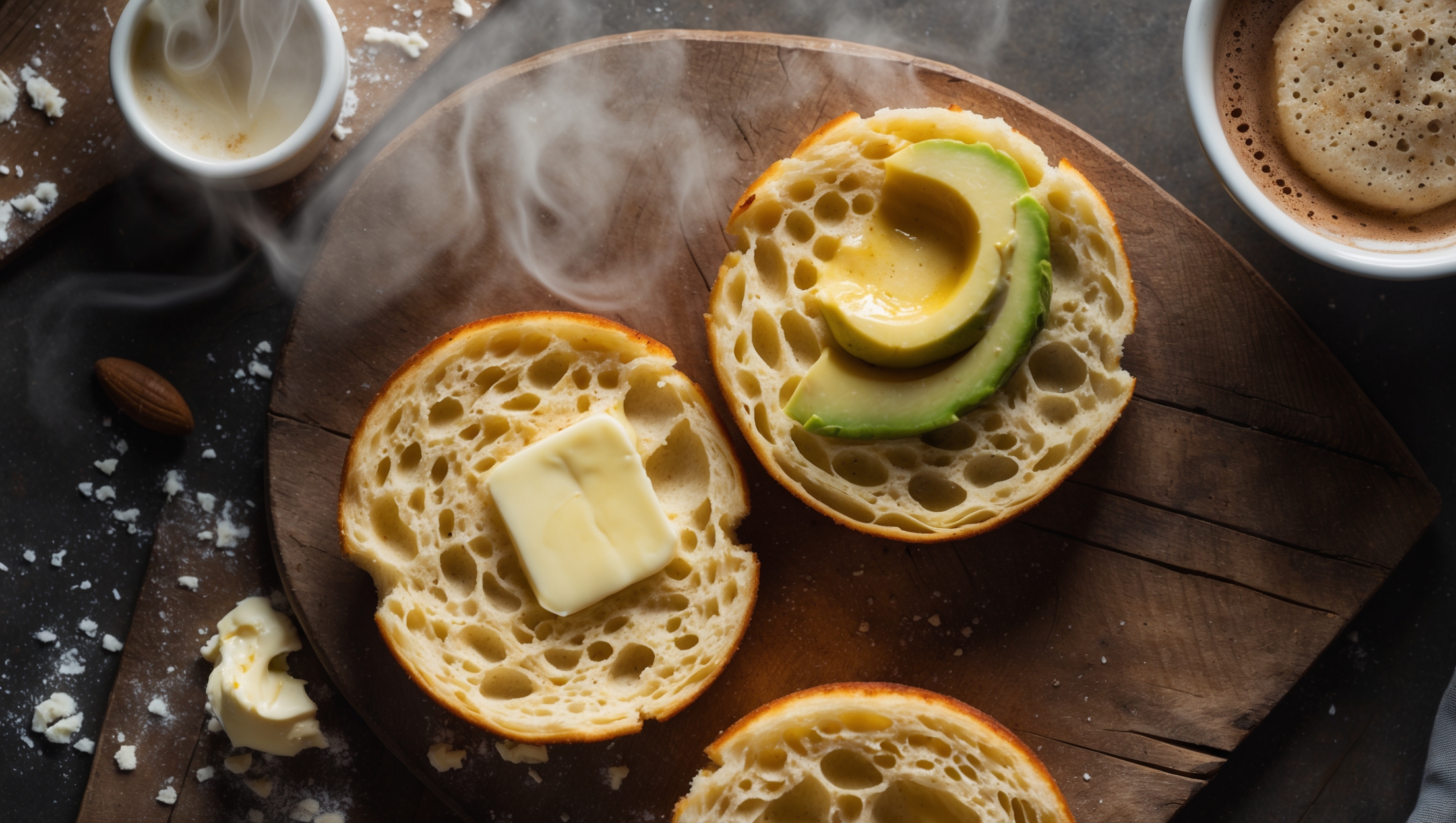Overhead shot of golden-brown keto English muffins split in half, revealing their characteristic nooks and crannies under soft natural lighting. A pat of melting butter glistens in the crevices of one half while another displays a spread of avocado. The muffins rest on a rustic wooden board alongside scattered almond flour, a small ramekin of cream cheese, and a steaming cup of coffee, creating warm color contrasts between the toasty exterior and the pale interior crumb. Steam wisps rise from the freshly split muffins, emphasizing their warm, just-cooked appeal.