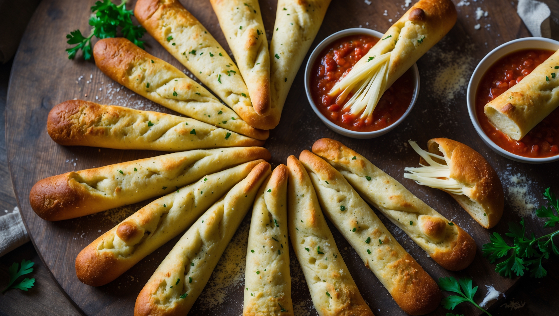 An overhead shot of golden-brown keto garlic breadsticks arranged in a fan pattern on a rustic wooden serving board, with several breadsticks pulled slightly apart to showcase their stretchy cheese interior. The lighting is warm and directional, highlighting the specks of herbs and garlic throughout the breadsticks. A small ramekin of marinara dipping sauce sits nearby, with a partial breadstick dipped in, revealing the soft, chewy texture. Scattered fresh parsley and grated parmesan create visual interest around the arrangement, while a light dusting of garlic powder is visible on the perfectly browned, crisp exterior. The entirety is bathed in soft natural light, emphasizing the appetizing contrast between the golden crust and the fluffy almond flour interior.