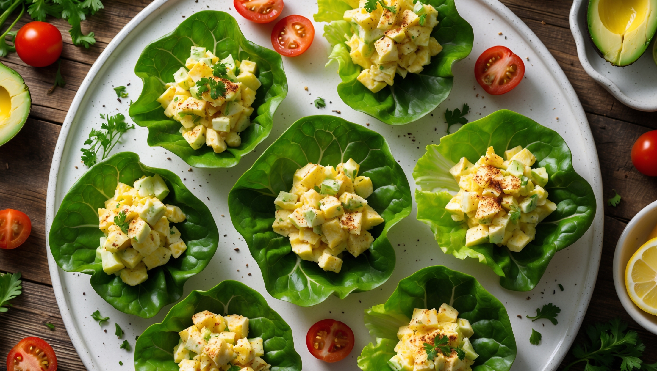 An overhead shot of bright green lettuce cups arranged in a circular pattern on a white ceramic platter, each filled with a generous scoop of chunky egg salad. The salad's creamy yellow base is flecked with vibrant green herbs and red paprika, creating appealing color contrast. Soft natural light streams across the scene, highlighting the glossy texture of the dressing and the crisp edges of the lettuce. Halved cherry tomatoes and sliced avocado are strategically placed around the platter, while a small bowl of additional egg salad sits nearby with a serving spoon. A rustic wooden table provides a warm backdrop, with scattered fresh herbs and a halved lemon suggesting freshness and bright flavor.