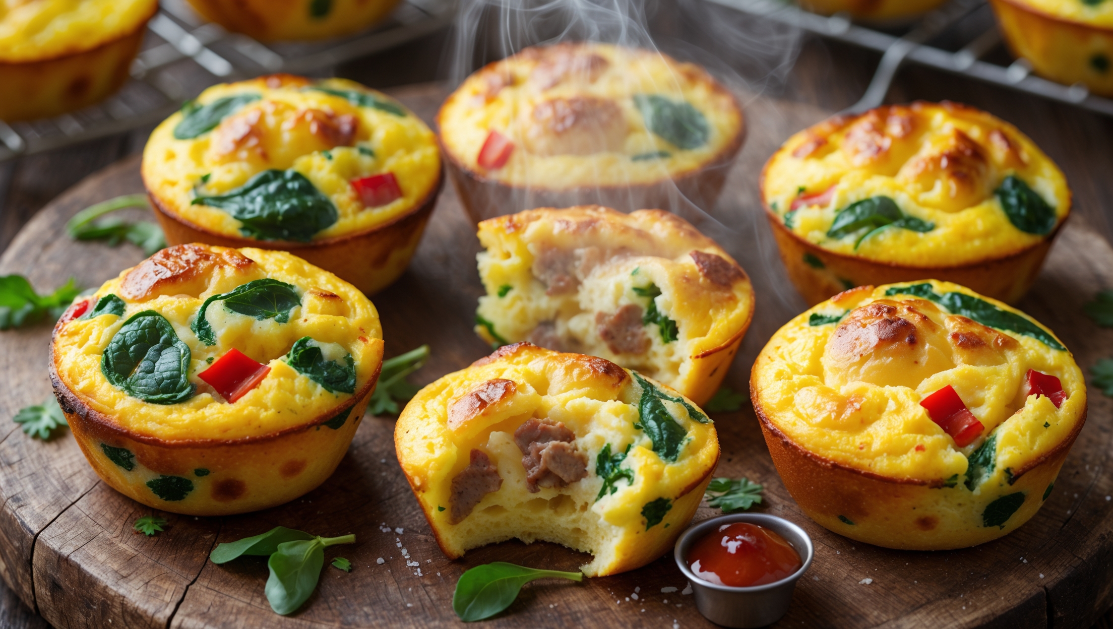 An overhead shot of a rustic wooden board displaying six golden-brown egg muffins with slightly puffed tops, photographed in bright natural light. A cross-section view reveals the airy, custard-like texture studded with vibrant specks of red bell pepper, green spinach, and melted cheese, or alternatively, hearty chunks of browned sausage. Steam rises gently from a freshly-broken muffin, highlighting its warm, just-baked appeal. Scattered fresh herbs and a small ramekin of hot sauce add pops of color, while a vintage wire cooling rack in the background holds more muffins. The lighting catches the slight sheen on the muffins' surfaces, emphasizing their moist, tender quality.