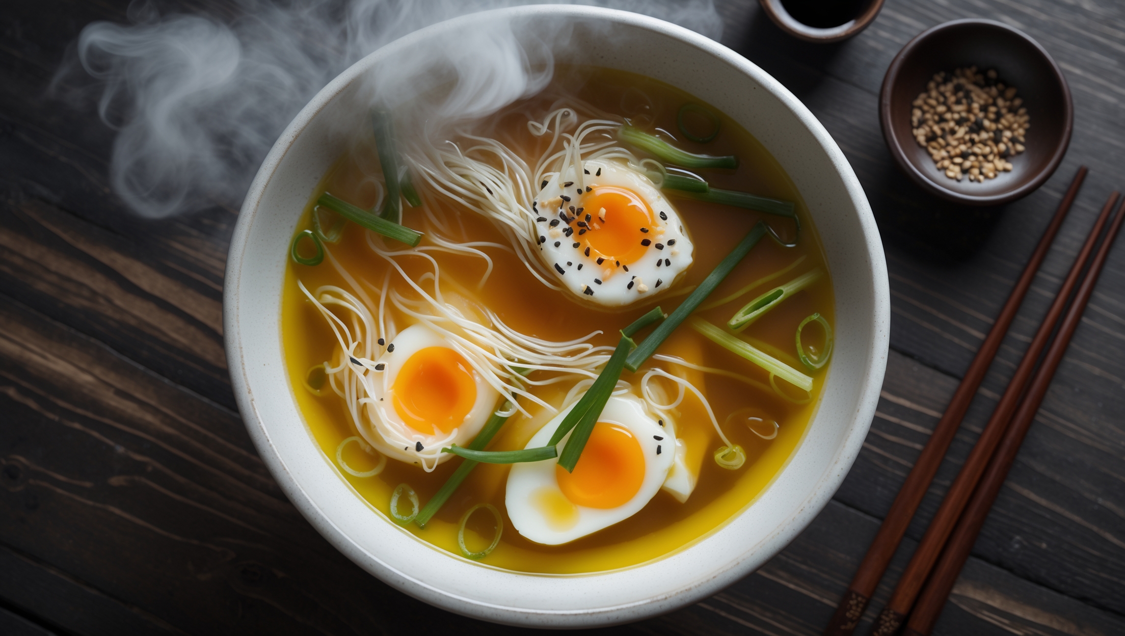 An overhead shot of a white ceramic bowl filled with clear golden chicken broth ribboned with feathery strands of egg. Steam rises gently from the surface, captured in soft natural light that highlights the vibrant green flecks of spring onions scattered on top. The soup's amber tones contrast beautifully against the white bowl, which sits on a dark wooden table alongside a small dish of sesame oil and a pair of wooden chopsticks. A sprinkle of white pepper and thin circles of chili oil create artistic accents on the surface, emphasizing the Keto-friendly simplicity of this comforting Asian-inspired dish.