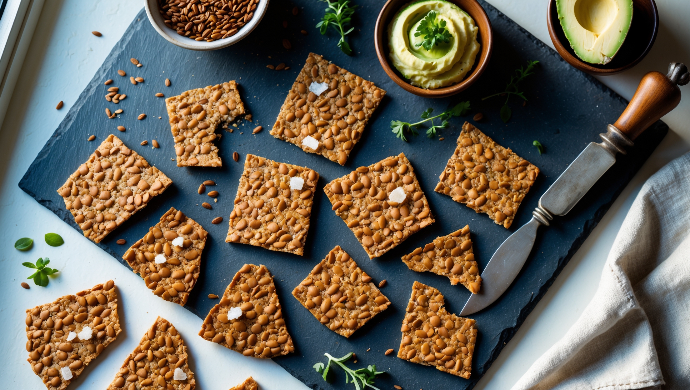 An overhead shot of golden-brown, irregularly shaped flaxseed crackers arranged artfully on a slate serving board, with a few crackers broken to reveal their crunchy inner texture. Soft natural light streaming from a side window highlights the seeds embedded throughout the crackers, while small bowls of artisanal cheese, avocado dip, and scattered fresh herbs provide vibrant color contrast. A linen napkin and vintage serving knife rest alongside, with flecks of sea salt visible on the crackers' surfaces, emphasizing their rustic, homemade quality and crisp, grain-free texture.