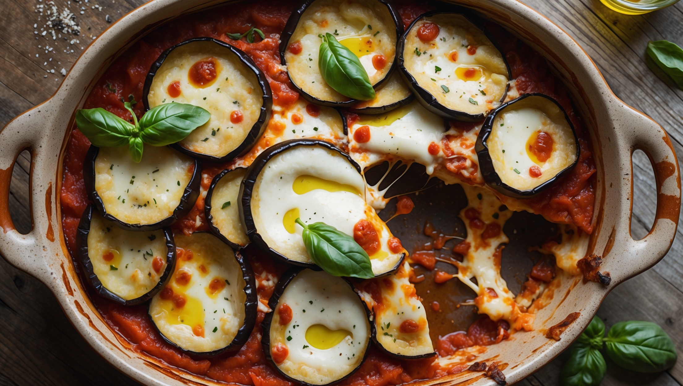 An overhead shot of a rustic ceramic baking dish filled with layers of golden-brown eggplant slices peeking through bubbling cheese with vibrant red tomato sauce. Soft natural light highlights the caramelized cheese edges and herb flecks throughout. A cross-section view reveals distinct layers of crispy eggplant, savory sauce, and stretchy mozzarella pulling away as a portion is lifted. Fresh basil leaves and a drizzle of olive oil add vivid green accents against the warm colors. The dish sits on a weathered wooden table with a sprinkle of parmesan and black pepper around the edges, creating a homey Italian atmosphere.