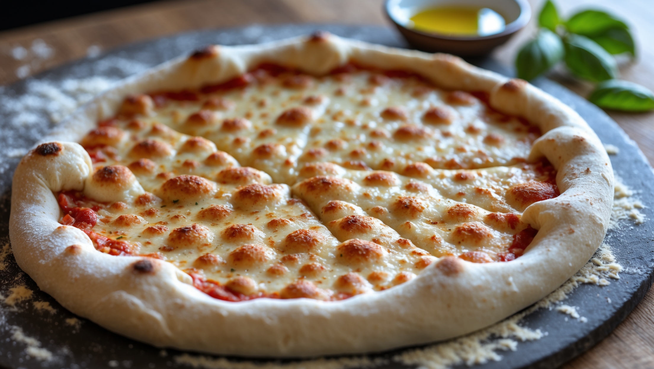 An overhead shot of a perfectly baked keto fathead pizza dough, stretched into a 30cm circle with a golden-brown, slightly bubbled edge. The close-up reveals the delicate, bread-like texture with tiny pockets throughout the crust. Soft natural light highlights the subtle cheese strands woven throughout the dough, creating an appetizing sheen on the surface. The pizza rests on a rustic pizza stone dusted with almond flour, with fresh basil leaves and a small bowl of olive oil strategically placed nearby, suggesting the possibilities awaiting this versatile low-carb base.