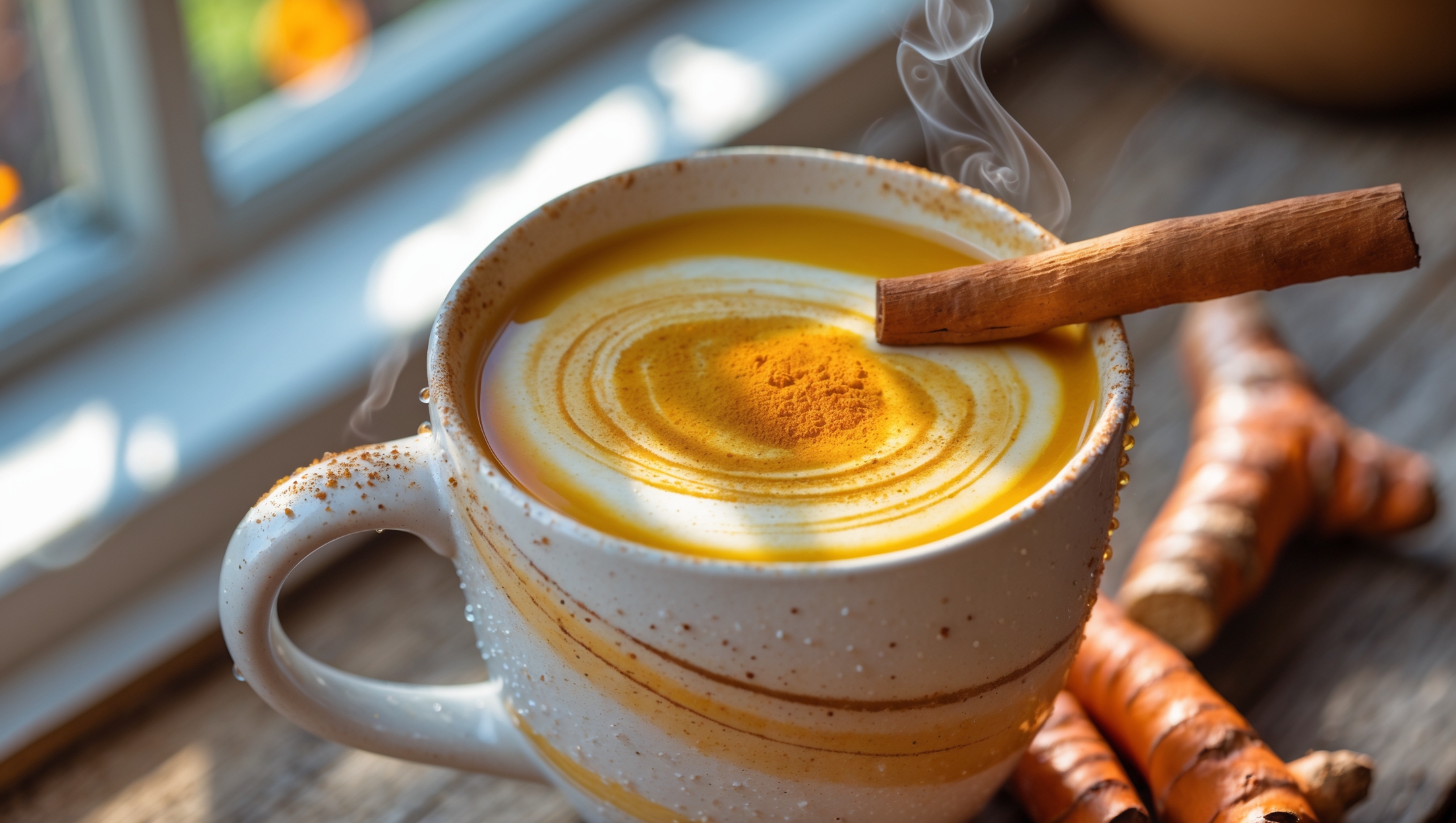 A close-up of a steaming mug of golden-hued liquid captured in natural daylight streaming through kitchen windows. The rich amber-colored drink contrasts beautifully with a white ceramic mug featuring delicate swirls of turmeric-tinted coconut cream on top. A light dusting of cinnamon creates a textured surface, while a cinnamon stick leans against the rim alongside a small fresh turmeric root. Tiny droplets of condensation on the outside of the mug suggest the warmth of the beverage, with a cozy setting of a wooden table and perhaps a folded linen napkin in soft earth tones complementing the drink's golden glow.