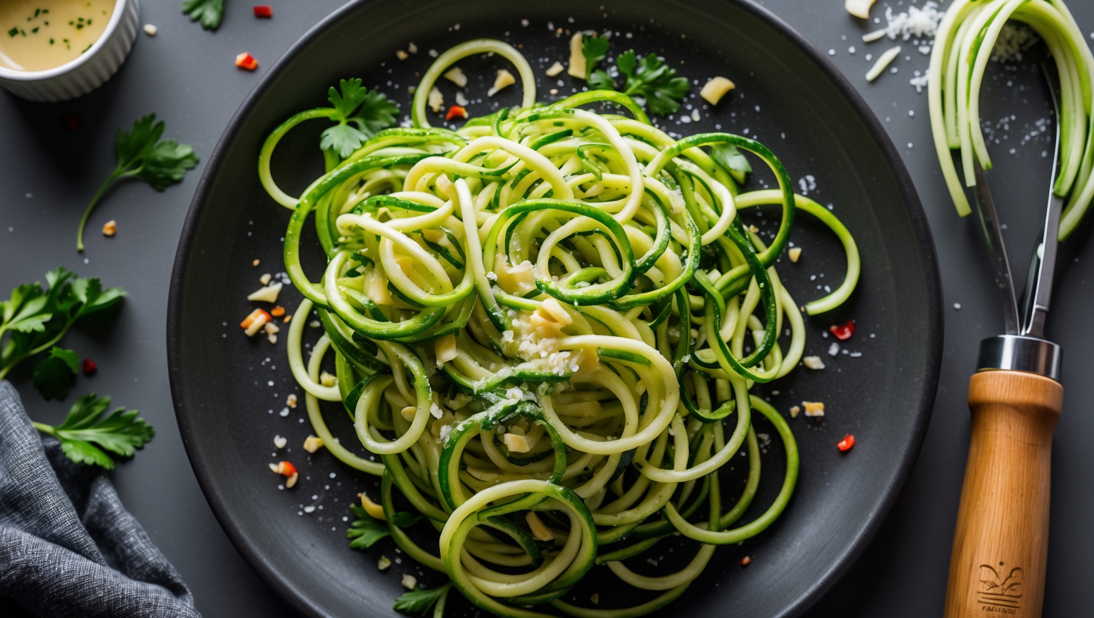 An overhead shot of vibrant green zoodles glistening with garlic-infused butter, coiled elegantly on a matte black ceramic plate. Flecks of fresh parsley and red pepper flakes add punches of color against the verdant spirals, while slivers of golden-brown garlic scatter throughout. In soft natural light, the zoodles catch the light where the butter sauce clings to their delicate curves. The composition includes a small ramekin of extra sauce and a wooden-handled spiralizer peeking into frame, suggesting the handmade quality of this low-carb creation. The scene is completed with a sprinkle of freshly grated Parmesan creating tiny snow-like mounds atop the warm zoodles.