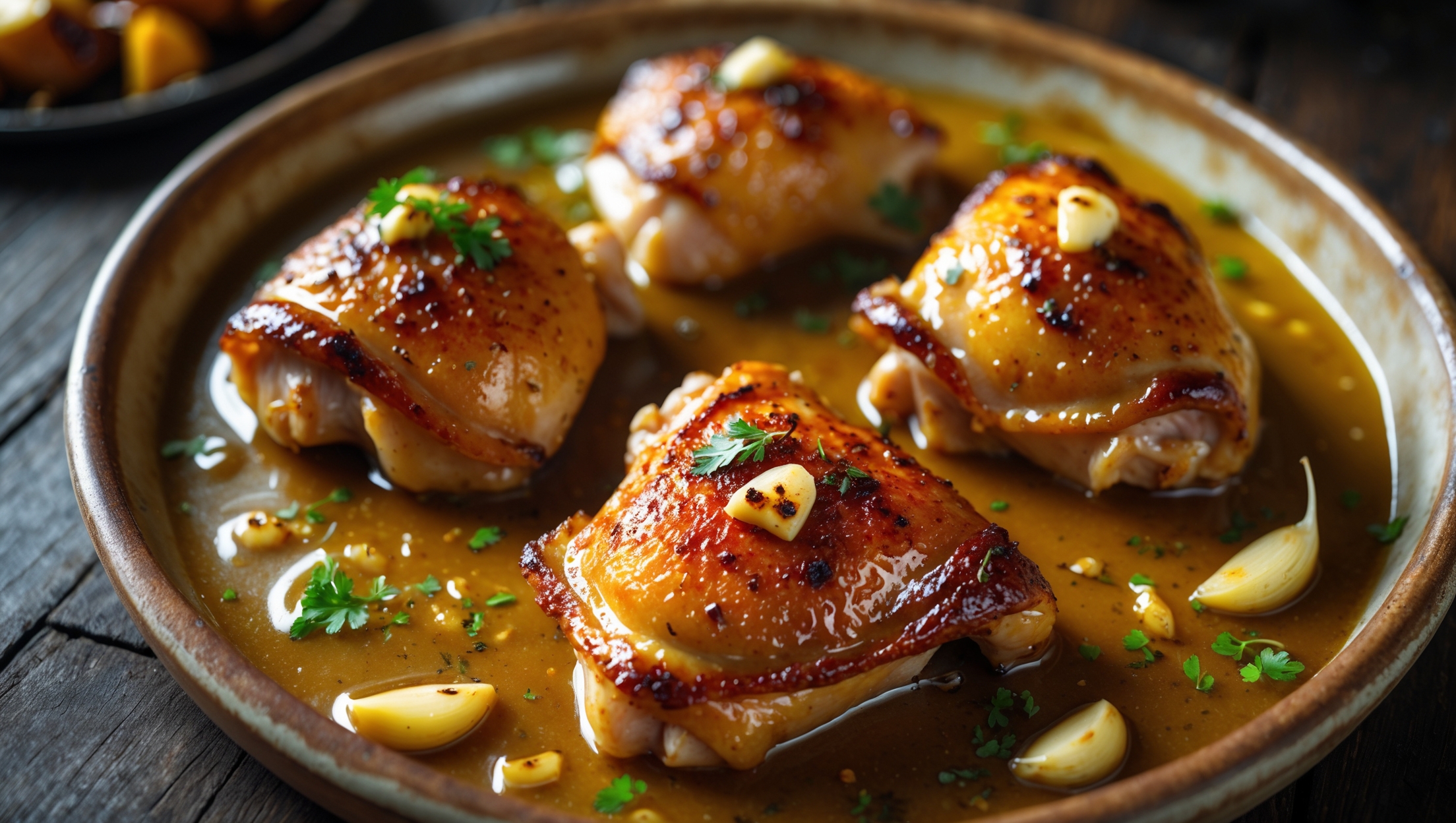 Overhead shot of golden-brown chicken thighs glistening with garlic butter sauce on a rustic ceramic platter. The crispy skin shows caramelization marks while the meat remains visibly tender and juicy. Pools of amber-colored butter sauce studded with toasted garlic pieces and flecks of fresh herbs surround the thighs. Soft natural lighting highlights the rendered fat's sheen and brings out the vibrant green of scattered parsley. In the background, slightly blurred roasted vegetables complement the dish, all captured on a dark wooden table that enhances the warm, inviting colors of the chicken.