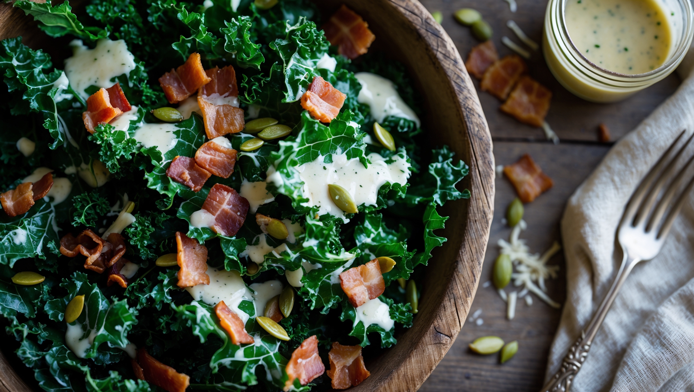 An overhead shot of a rustic wooden bowl filled with deep green kale leaves glistening with dressing, contrasted by crispy bacon pieces scattered throughout. The soft natural light highlights the varied textures - the curly edges of the kale leaves, the glossy coating of the creamy dressing, and the crunchy bacon bits. Sprinkles of grated Parmesan add snowy accents while toasted pumpkin seeds provide earthy color pops. A small glass jar of remaining dressing sits alongside, showing its creamy consistency, with a vintage serving fork resting on a linen napkin nearby.