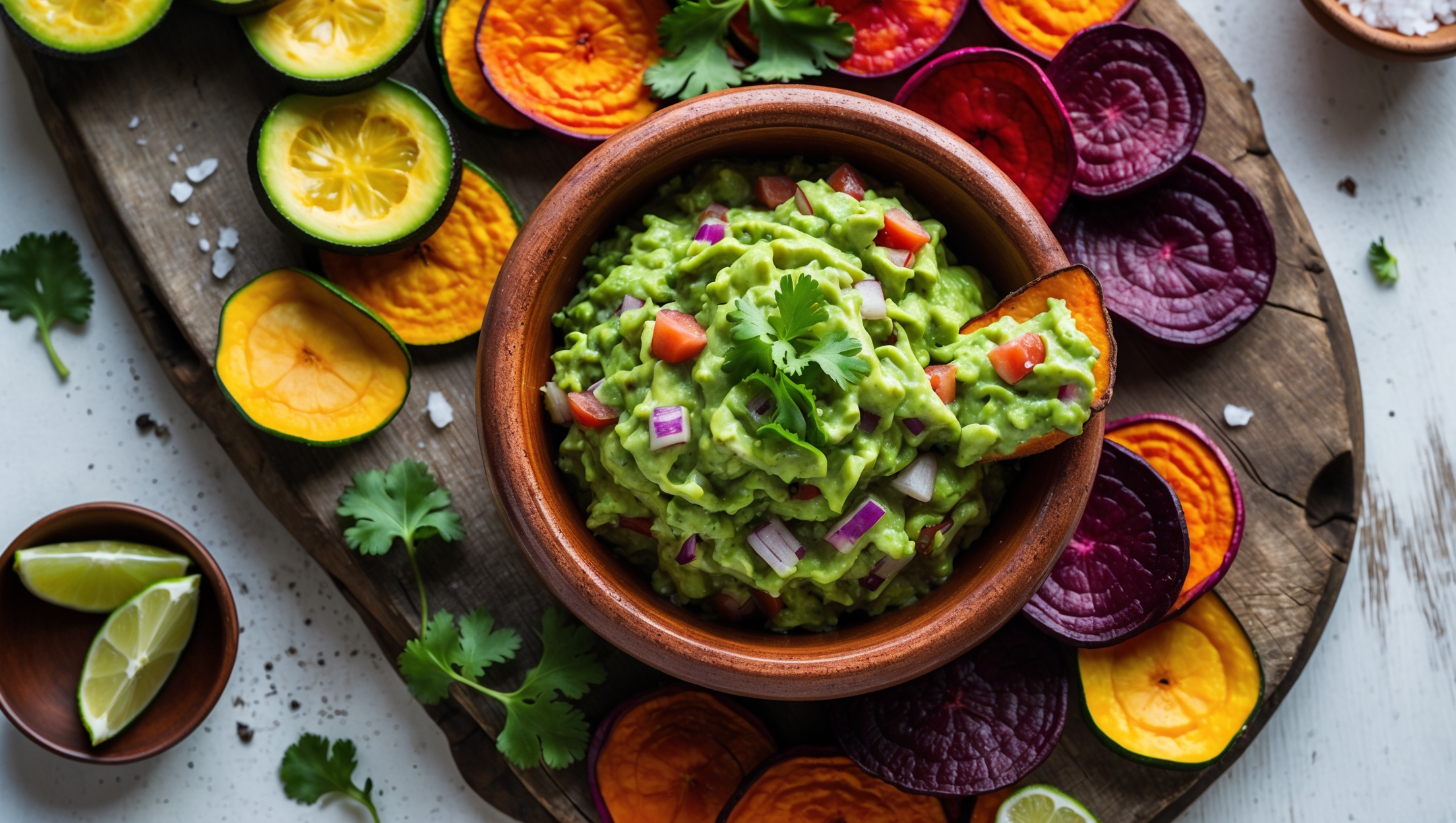 An overhead shot of a rustic earthenware bowl filled with vibrant green guacamole, its surface textured with visible chunks of avocado and flecks of red tomato and purple onion. Surrounding the bowl is an artistic arrangement of colorful veggie chips—golden zucchini rounds, deep orange sweet potato slices, and purple beetroot crisps—all glistening with a light coating of olive oil. The scene is captured in bright natural light on a weathered wooden board, with scattered fresh cilantro leaves, lime wedges, and a small bowl of sea salt flakes adding dimension. A corner reveals a chip mid-dip, showcasing the guacamole's perfect consistency that clings to the crisp edge.
