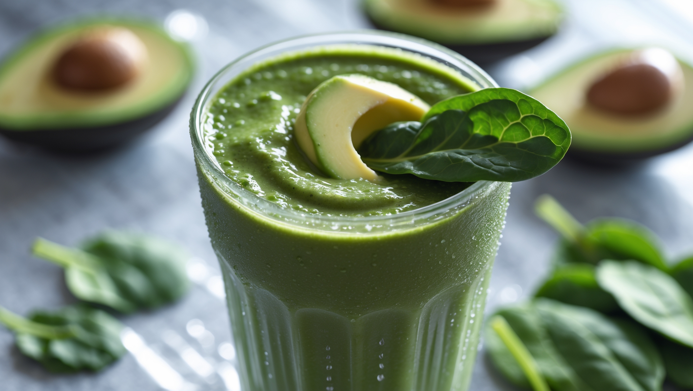 A close-up of a tall, frosted glass showcasing a luxurious deep green smoothie with a silky texture captured in bright, natural daylight. Tiny flecks of spinach provide visual character against the smooth avocado base, while a perfectly placed avocado slice rests on the rim alongside a fresh spinach leaf. The condensation on the glass catches the light, emphasizing the drink's refreshing chill factor. In the background, blurred images of fresh ingredients – halved avocados, spinach leaves, and almond milk – create context for this keto-friendly blend.