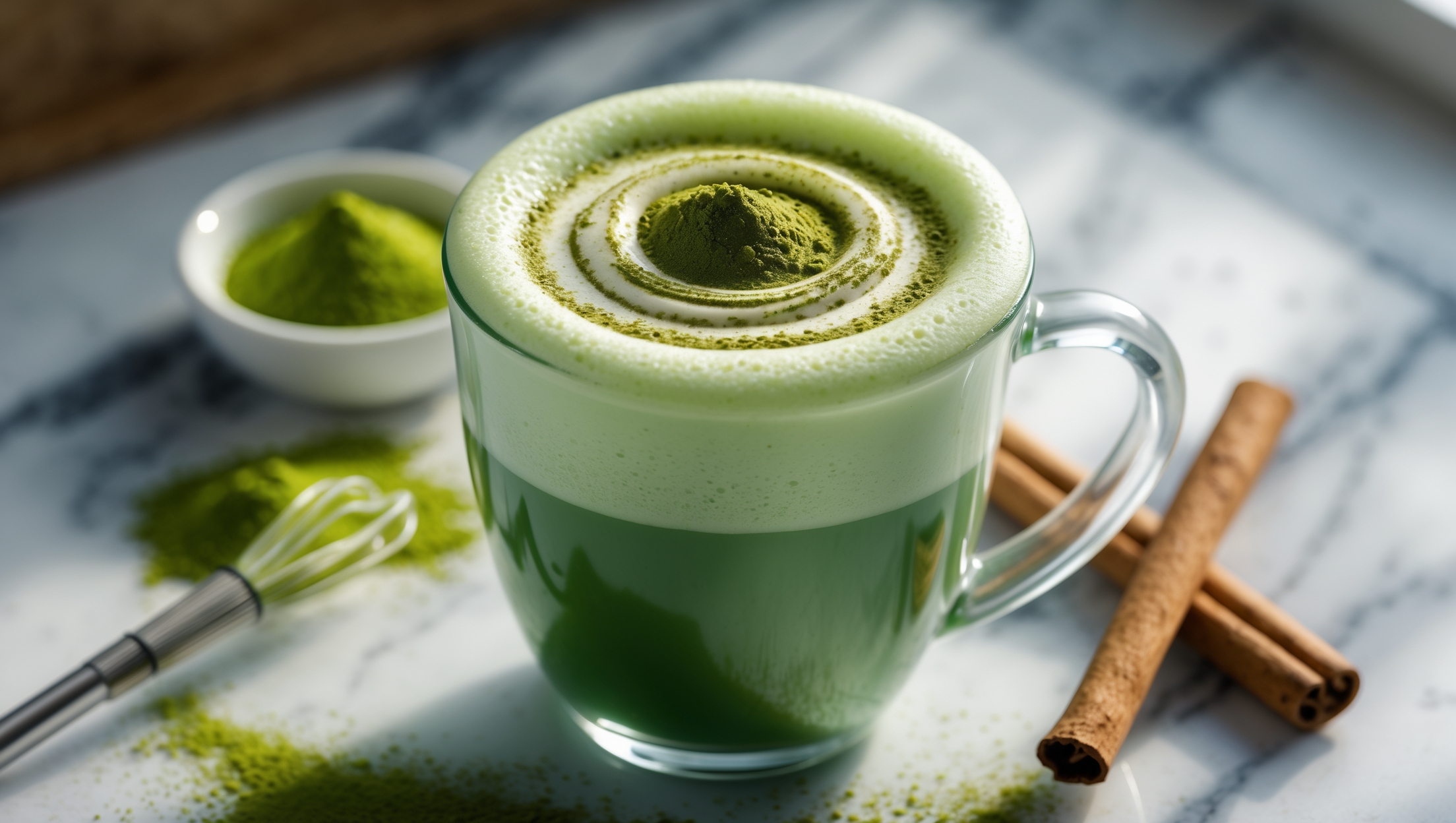 A close-up shot of a frothy, vibrant jade-green Keto Matcha Latte in a clear glass mug, allowing the gradient from deep emerald at the bottom to light, airy foam at the top to be visible. The creamy matcha drink sits on a marble countertop bathed in soft, diffused morning light. A small bamboo matcha whisk rests nearby alongside a tiny bowl of matcha powder, emphasizing the authentic preparation. Delicate spirals of coconut cream pattern the surface, with a light dusting of matcha powder providing contrast against the frothy top. A cinnamon stick garnish leans against the glass, hinting at the warming spices within.