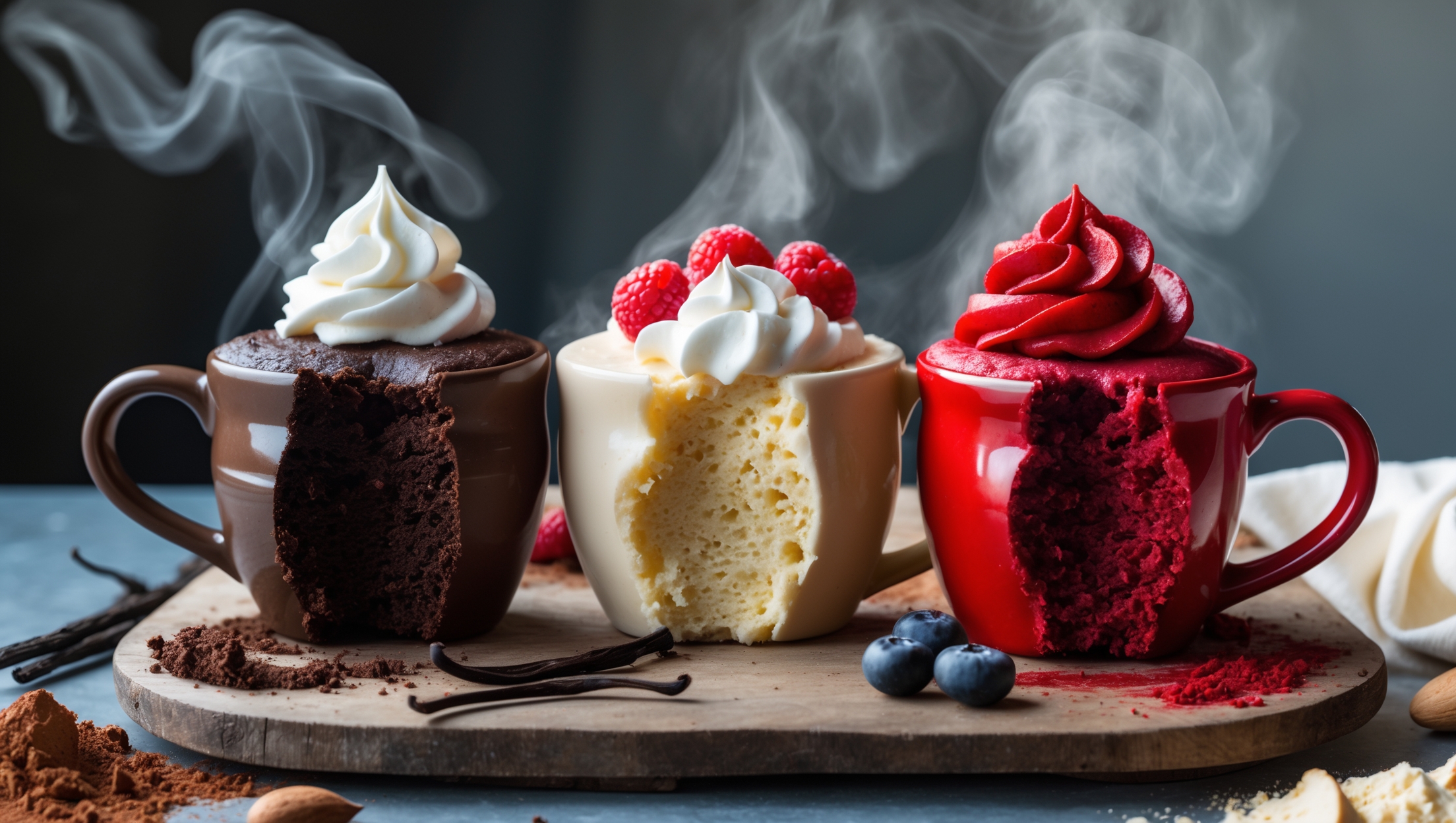 Three vibrantly colored mug cakes arranged on a rustic wooden tray, each in a different ceramic mug – chocolate in deep brown, vanilla in creamy beige, and red velvet in vibrant crimson. A cross-section view of each reveals their moist, tender crumb, with the chocolate cake topped with a dollop of whipped cream, the vanilla adorned with fresh berries, and the red velvet finished with a swirl of cream cheese frosting. Soft natural light streams in from the side, highlighting the steam rising from the freshly baked treats, while scattered ingredients like cocoa powder, vanilla pods, and almond flour create context around the display. The contrast between the dark chocolate, pale vanilla, and bright red velvet creates a compelling visual story of these keto-friendly indulgences.