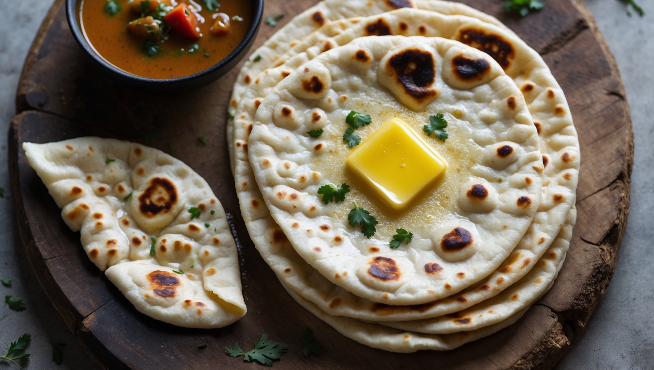 An overhead shot of stack of keto naan flatbreads on a rustic wooden board, showcasing their golden-brown charred spots against the pale, tender interior. A pat of melting ghee glistens on top, with scattered fresh herbs adding pops of green. In soft natural light, the bread's slightly bumpy texture reveals its almond flour base while steam rises gently, suggesting they're fresh from the pan. To the side, a small bowl of curry creates a vibrant color contrast, with a piece of naan dipped in, demonstrating its pliable, bendable texture without breaking.