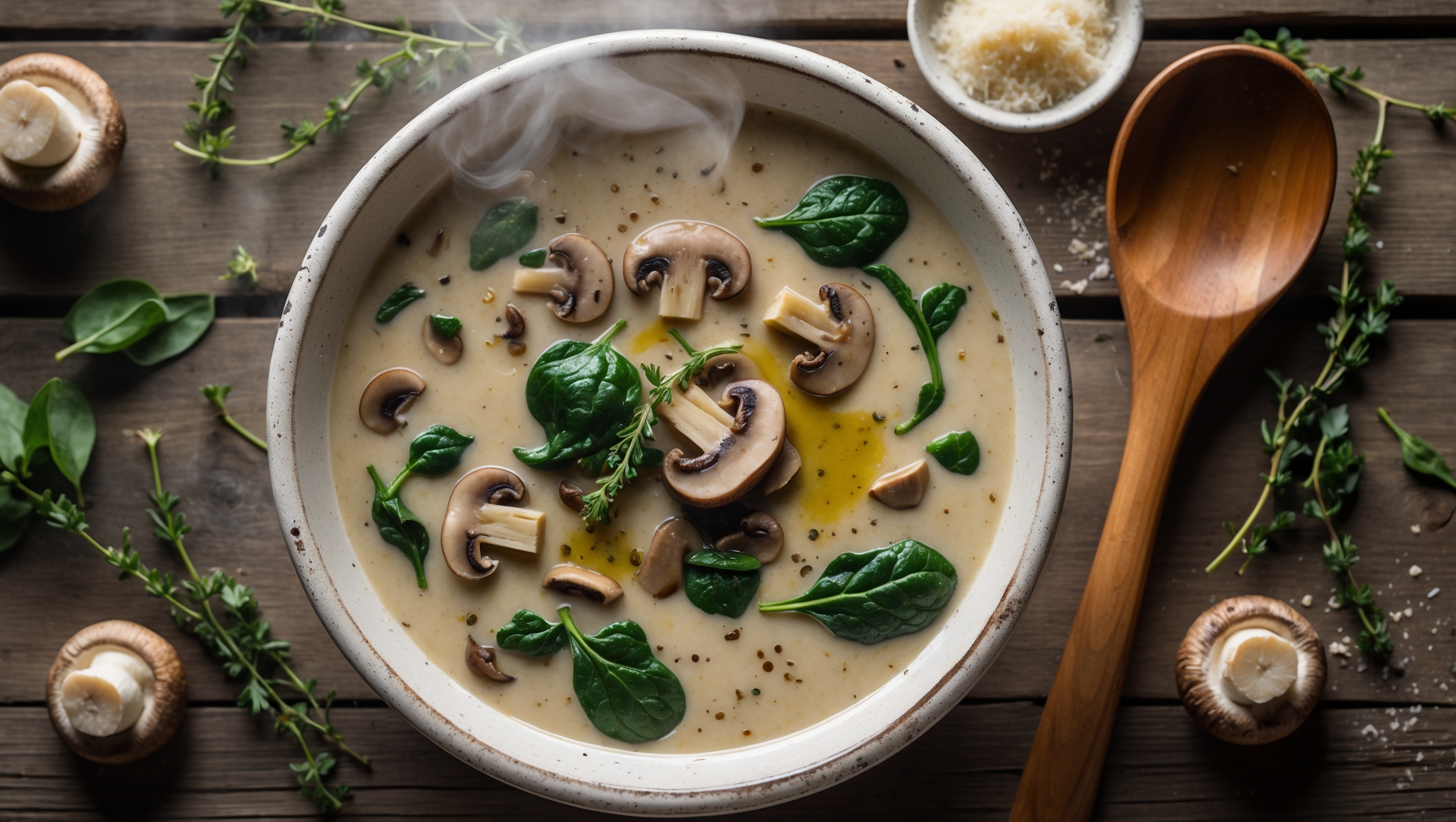 An overhead shot of a creamy mushroom soup in a rustic white ceramic bowl, showcasing its silky texture with visible flecks of wilted spinach and sautéed mushroom pieces throughout. Steam rises gently from the surface, captured in soft natural light that highlights the soup's creamy beige color with olive green spinach accents. A wooden spoon rests on the side of the bowl, with scattered fresh thyme sprigs, a small dish of grated parmesan, and a few raw mushrooms artfully arranged on a weathered wooden table to emphasize the earthy ingredients. A drizzle of olive oil creates a golden sheen across the surface, with freshly cracked black pepper visible as tiny specks against the creamy background.