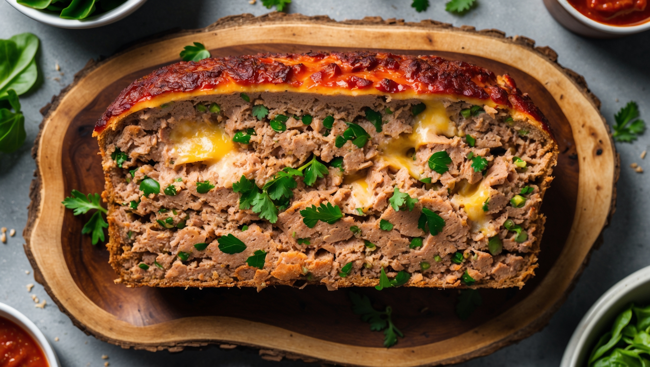 An overhead shot of a perfectly browned keto meatloaf resting on a rustic wooden serving board, with a golden crust displaying caramelized edges. A cross-section reveals the juicy interior studded with vibrant green herbs and melted cheese pockets. Soft natural light highlights the moist texture while creating gentle shadows that emphasize the hearty density. Surrounding the meatloaf are scattered fresh herbs, a small ramekin of tomato sauce, and leafy green side salad, all arranged on a farmhouse-style table that complements the comfort food aesthetic.