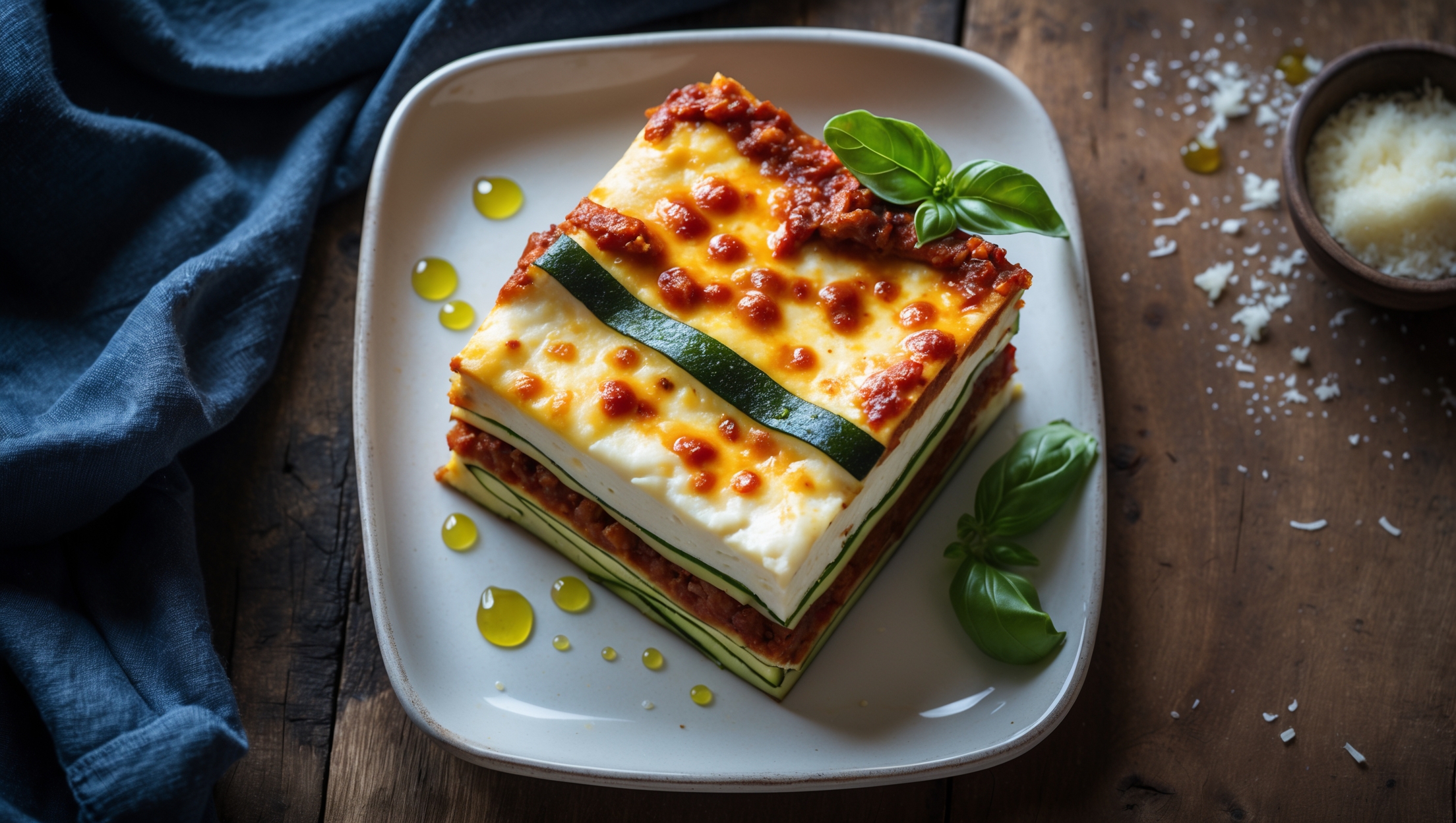 Overhead view of a square slice of keto lasagna on a white ceramic plate, showcasing multiple golden-brown layers. Soft natural light highlights the glistening cheese topping with caramelized edges, while revealing distinct layers of rich red meat sauce and vibrant green zucchini ribbons between creamy white ricotta and mozzarella. A sprig of fresh basil decorates one corner, and droplets of flavorful oil dot the surface. The lasagna rests on a rustic wooden table with a dark blue linen napkin and small ramekin of grated parmesan nearby, emphasizing the comforting yet healthy nature of this low-carb Italian classic.